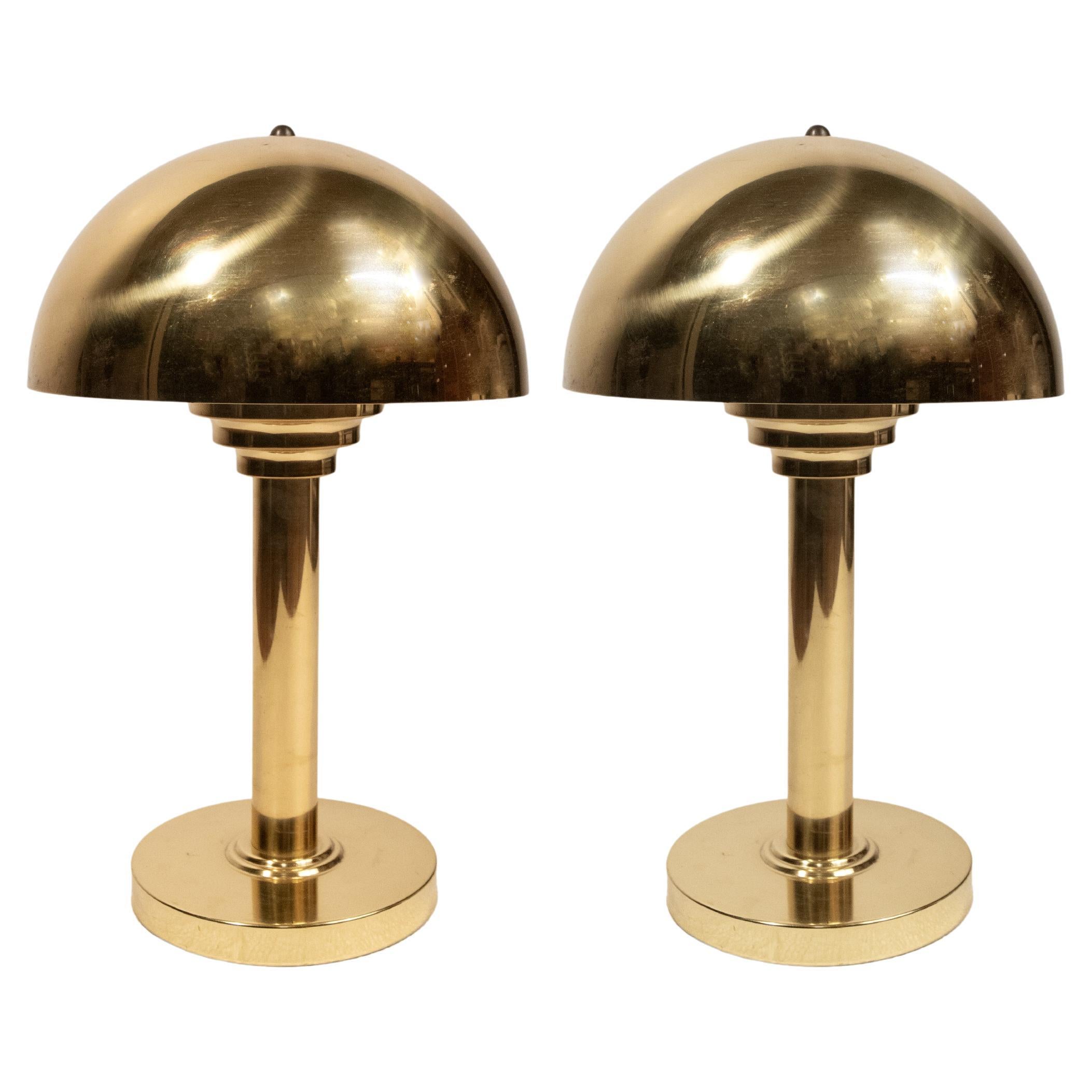 A Pair of Contemporary Design Brass Table Lamps with Dome Shades
