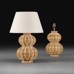 A Pair of Contemporary Double Gourd Woven Rattan Lamps