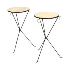 Pair of Contemporary Wrought Iron and Brass Drink Tables with Parchment Tops