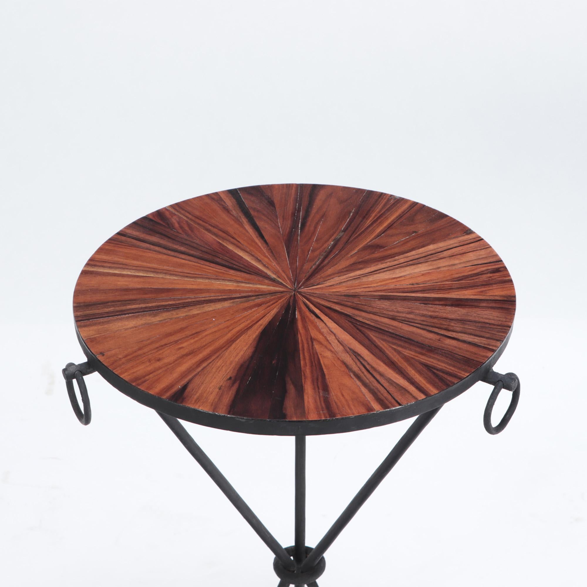 Mid-Century Modern Pair of Contemporary Wrought Iron Drink Tables with Rosewood Tops For Sale