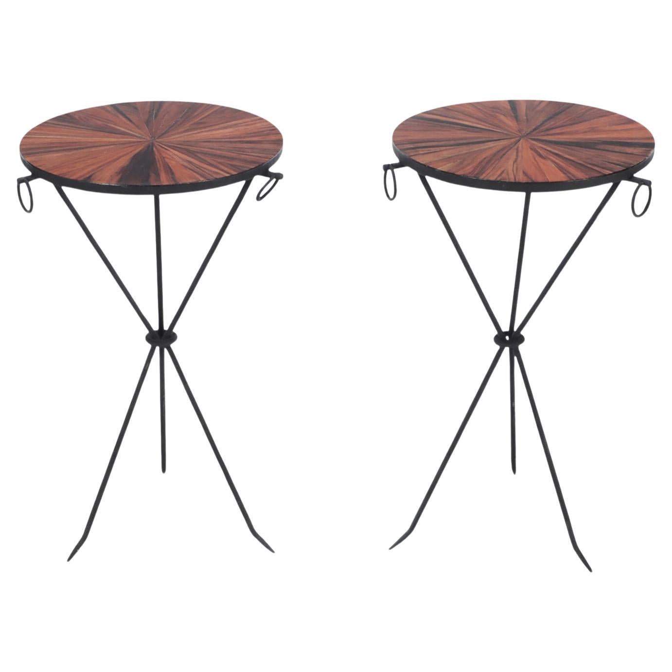 Pair of Contemporary Wrought Iron Drink Tables with Rosewood Tops