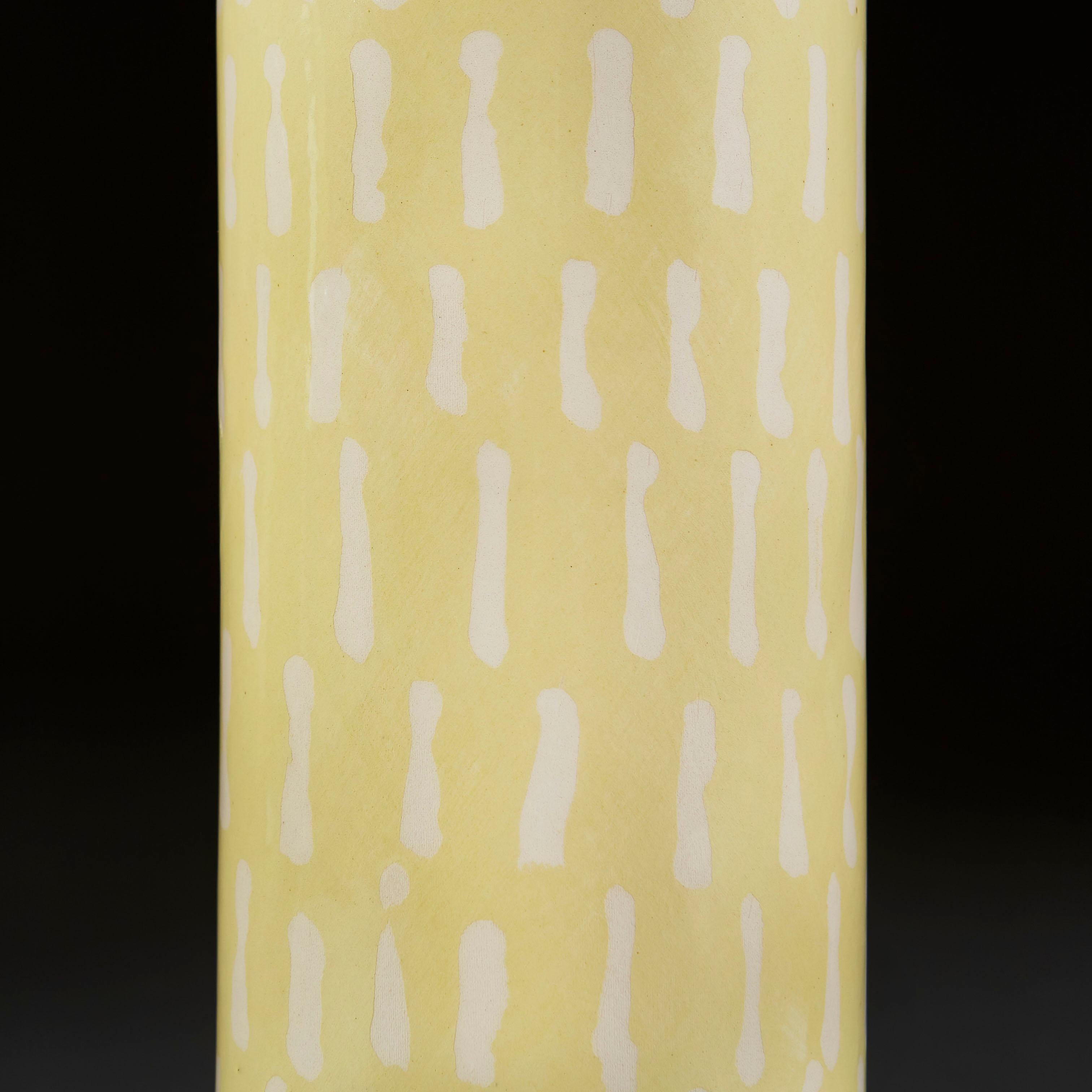 Glazed Pair of Contemporary Yellow and White Studio Pottery Cylindrical Lamps For Sale