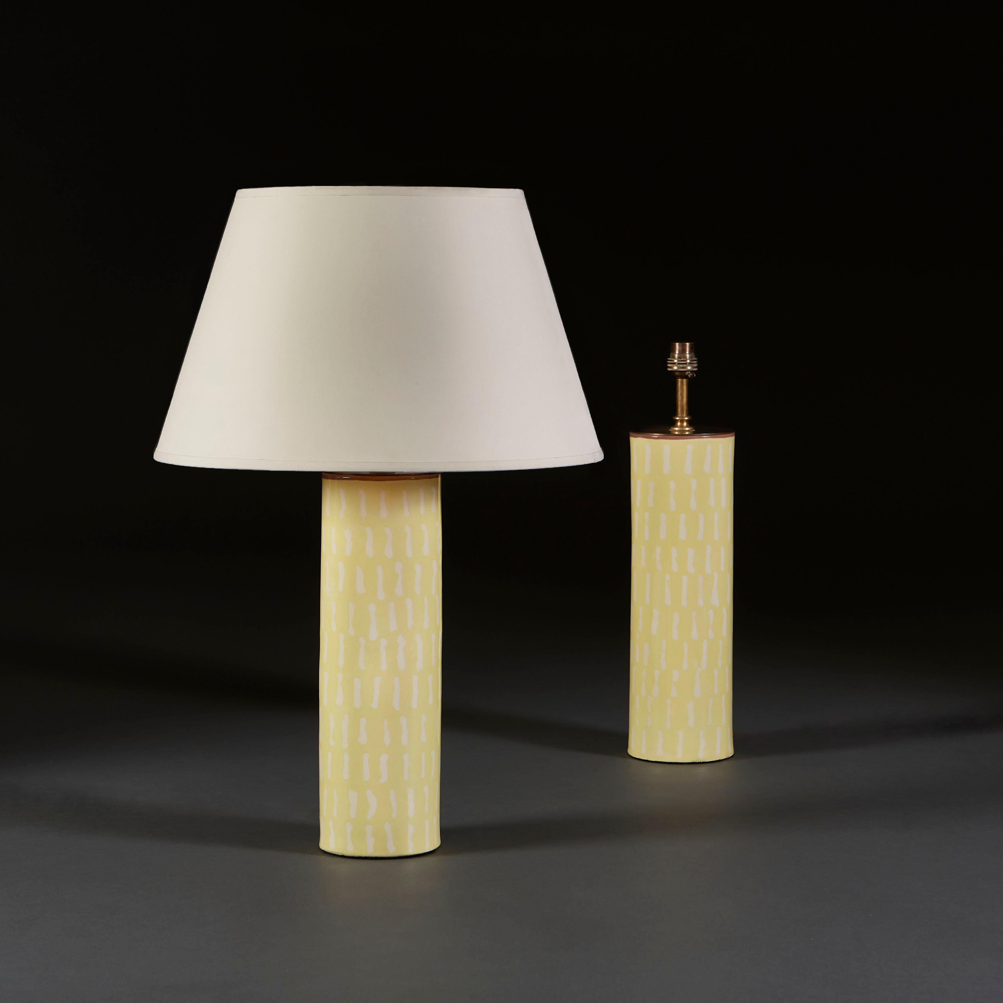 Pair of Contemporary Yellow and White Studio Pottery Cylindrical Lamps In New Condition For Sale In London, GB