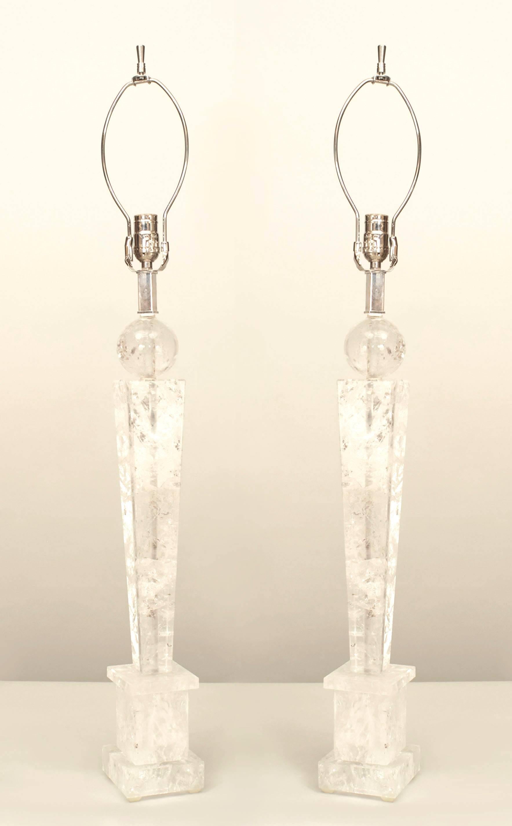 Pair of Continental Baltic Neo-classic (20th Cent) style rock crystal obelisk form table lamps having a downward tapering square column