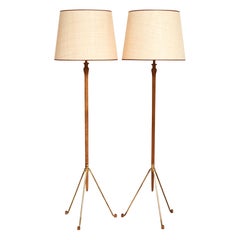 Pair of Continental Fruitwood and Brass Floor Lamps, circa 1950-1960