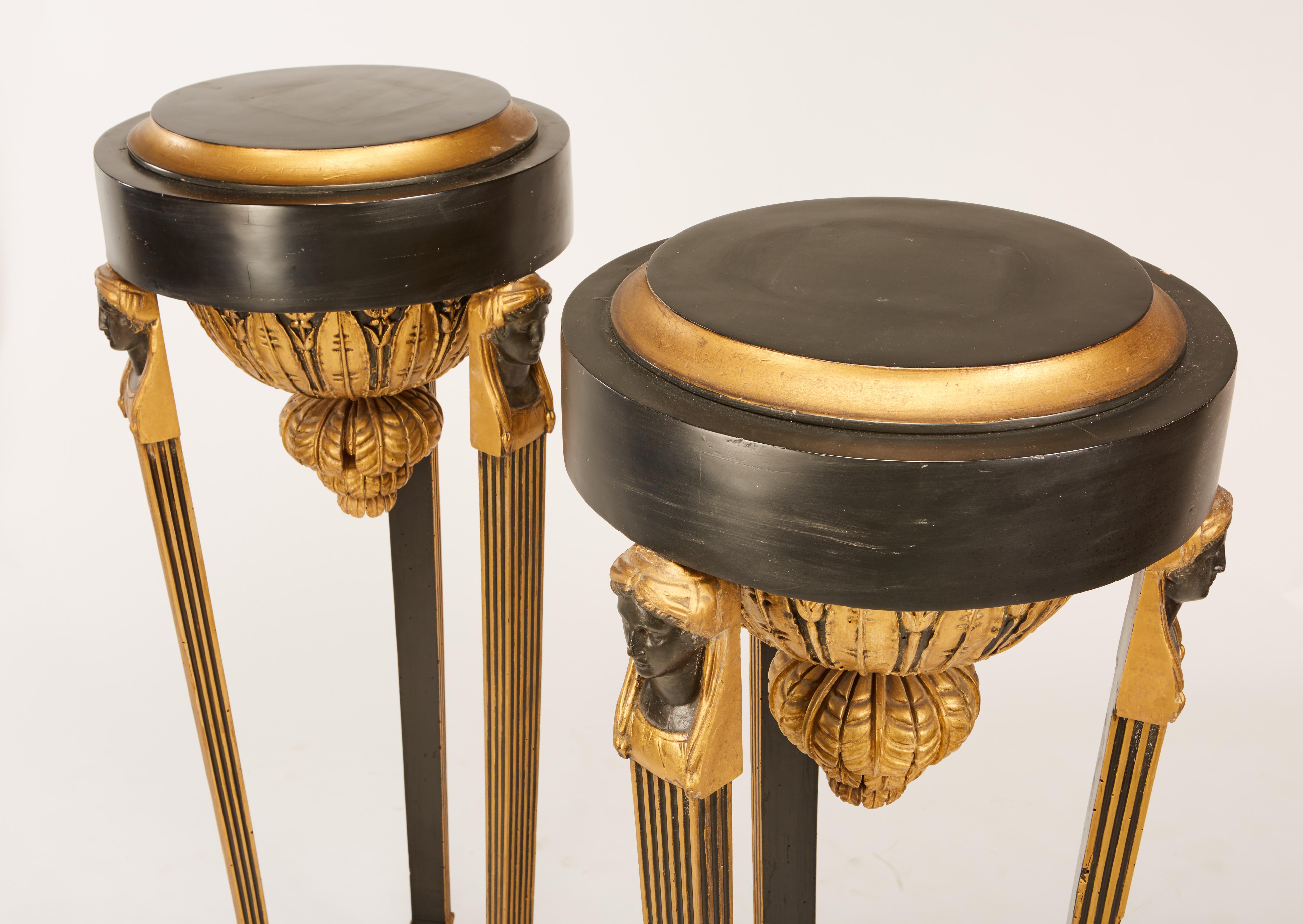 Pair of Continental Neoclassic Black Painted and Parcel-gilt Torcheres, Italian For Sale 3