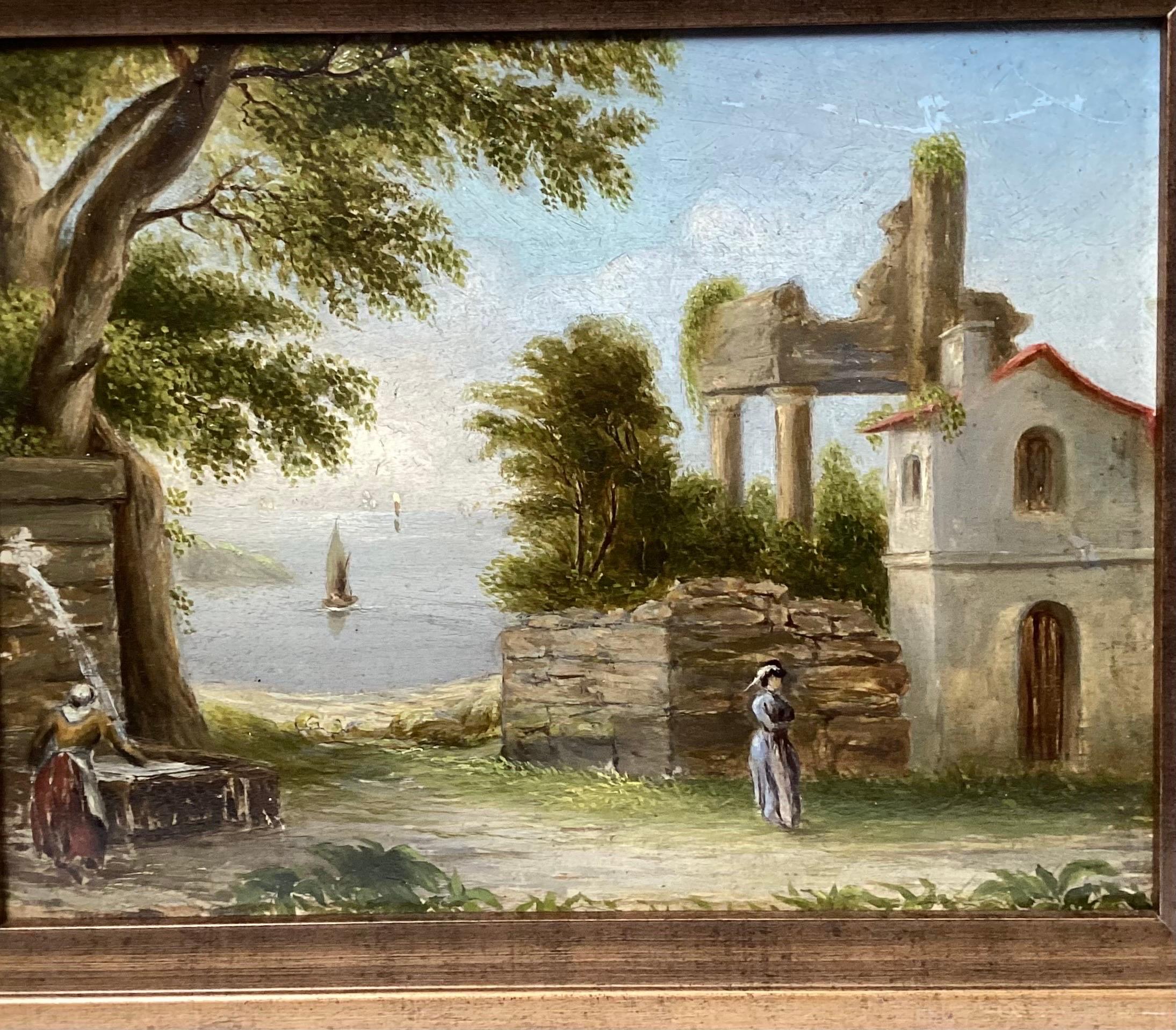 A pair of Continental European oil painting of impressionist style harbor scenes in later giltwood frames. The painting are 14.5 wide, 11.5 high with frames, 11 wide, by 9 high unframed.
