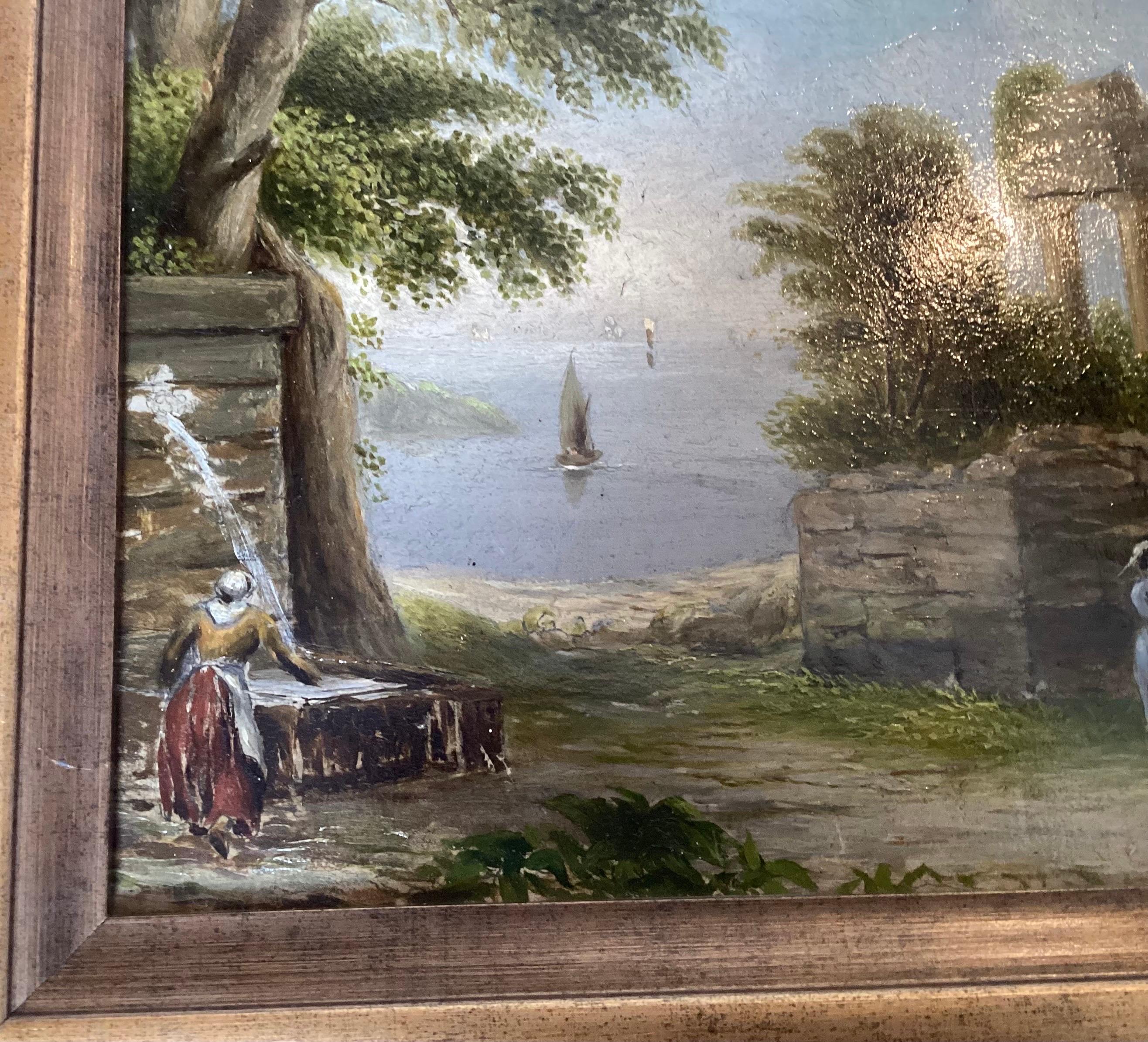 Painted Pair of Continental Oil on Masonite Harbor Scenes For Sale