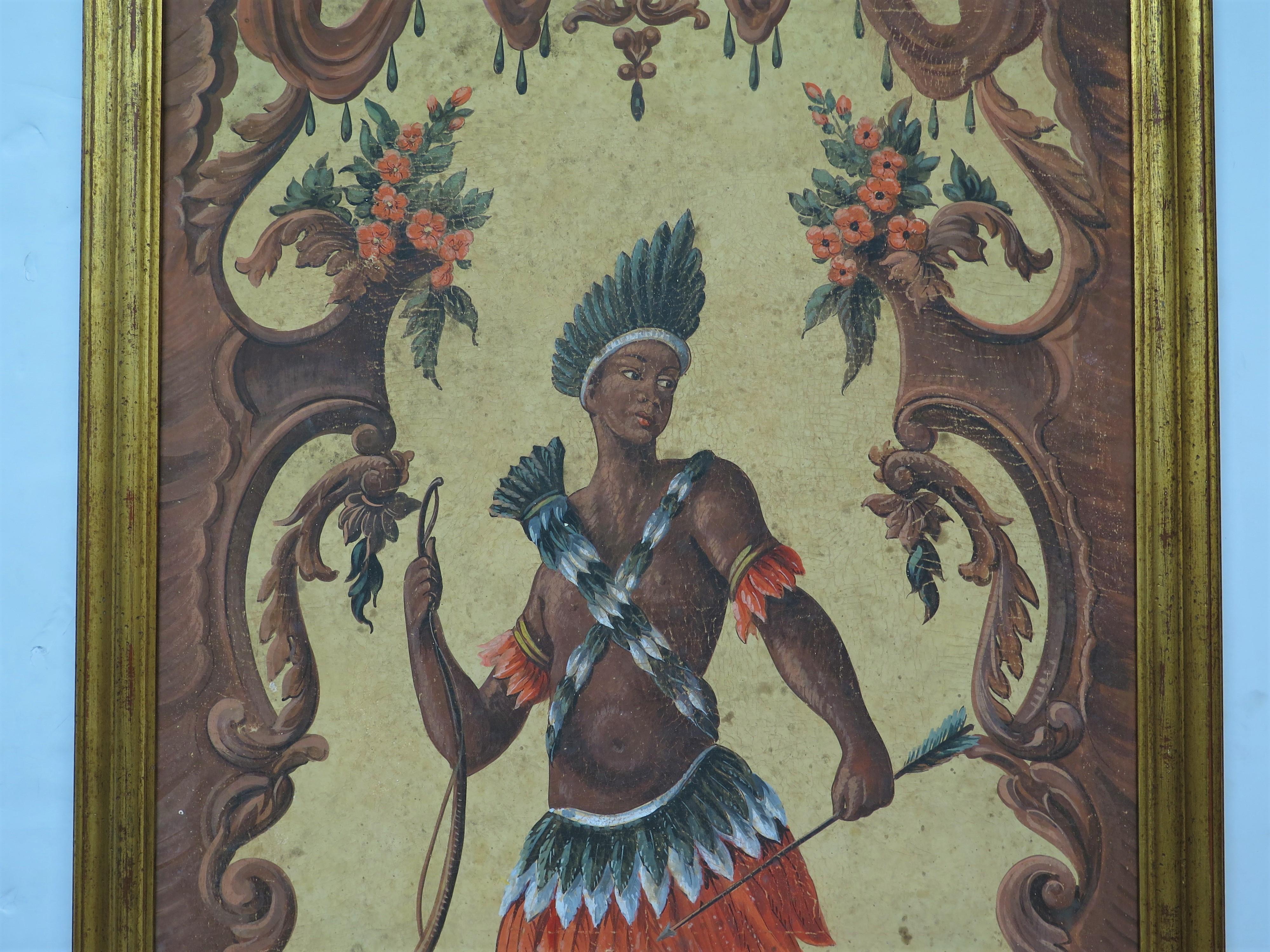 Ein Paar kontinentale Gemälde, die Allegorien von Afrika und Asien darstellen (Farbe) im Angebot