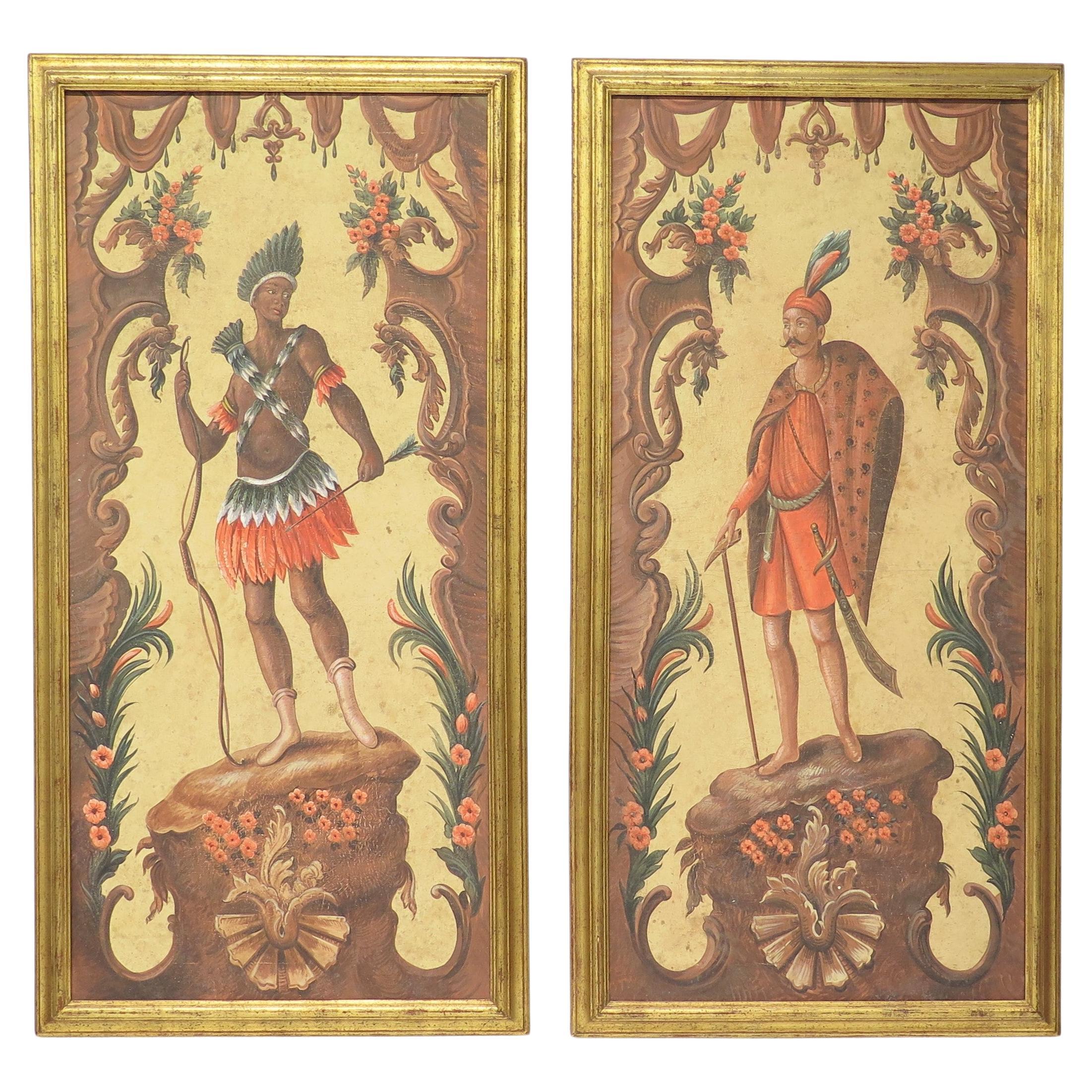 A Pair of Continental Paintings, Depicting Allegories Of Africa and Asia For Sale
