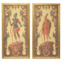 Antique A Pair of Continental Paintings, Depicting Allegories Of Africa and Asia
