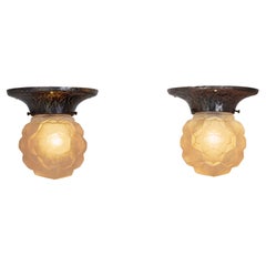 Antique A Pair of Copper and Frosted Glass Ceiling Lamps, Europe Early 20th Century