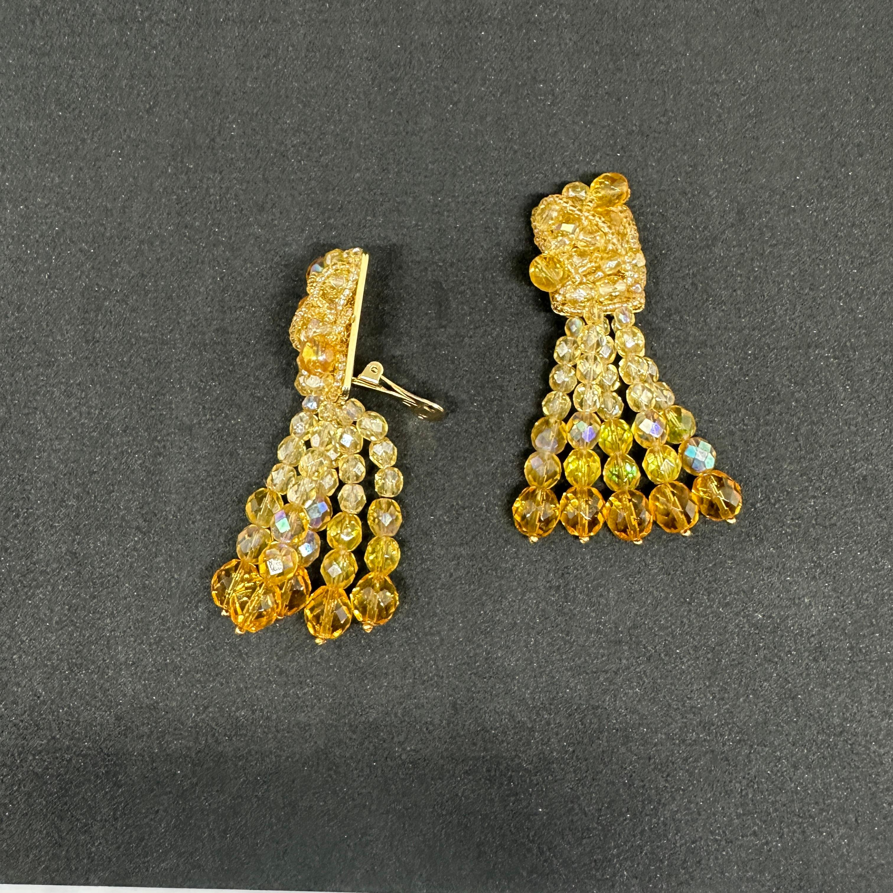 A Pair of Coppola e Toppo Golden Crystals Tassel Clip-on Long Earrings For Sale 5