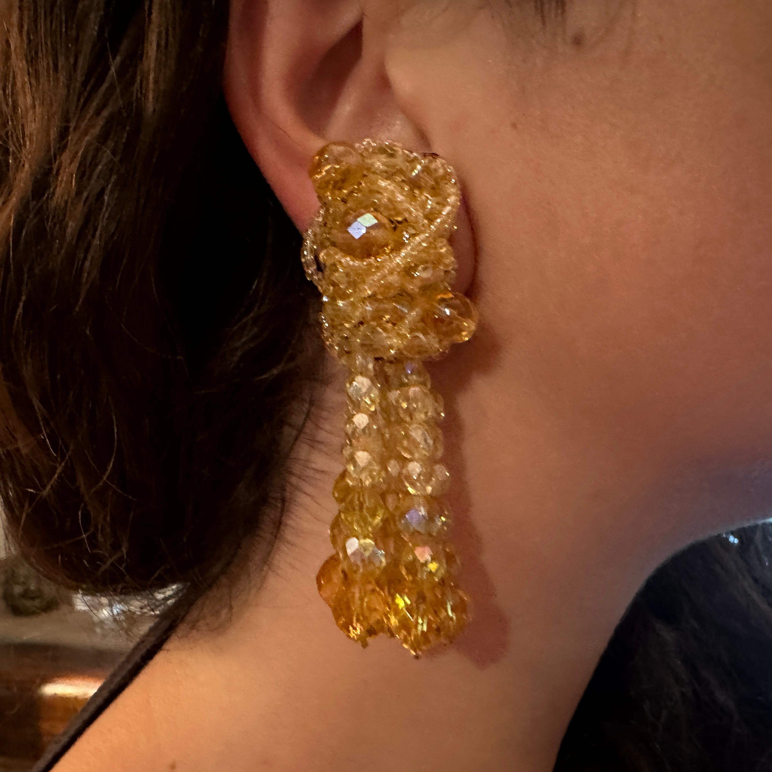 A Pair of Coppola e Toppo Golden Crystals Tassel Clip-on Long Earrings For Sale 6