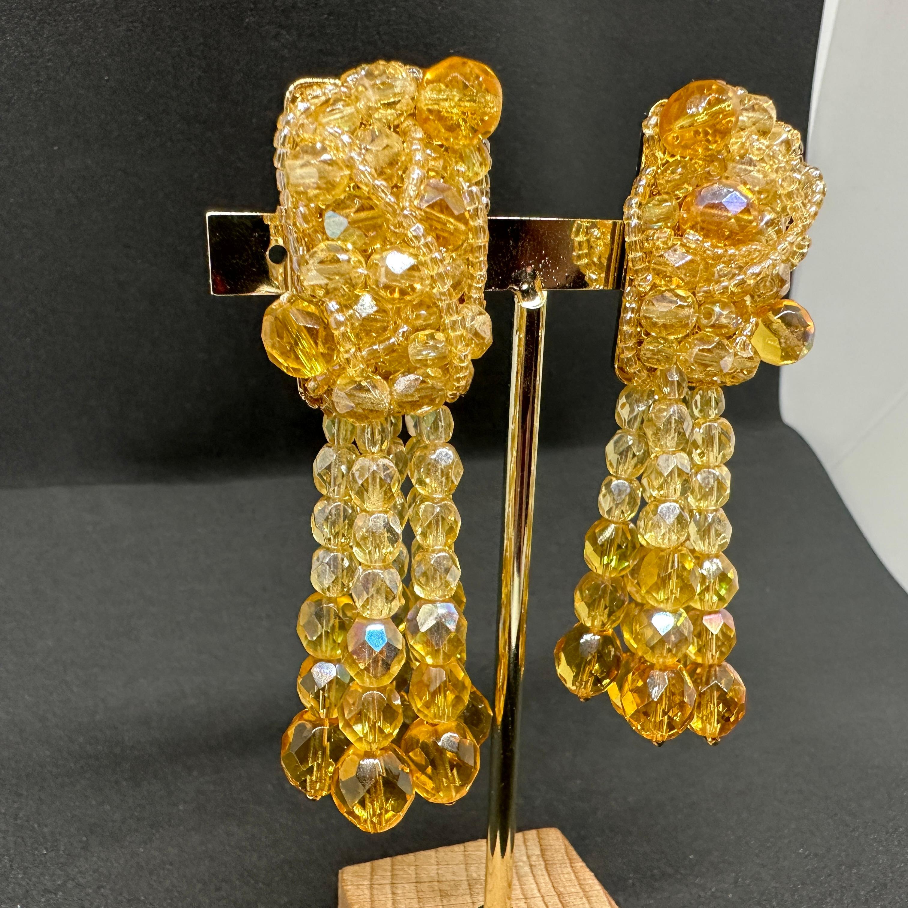 Briolette Cut A Pair of Coppola e Toppo Golden Crystals Tassel Clip-on Long Earrings For Sale