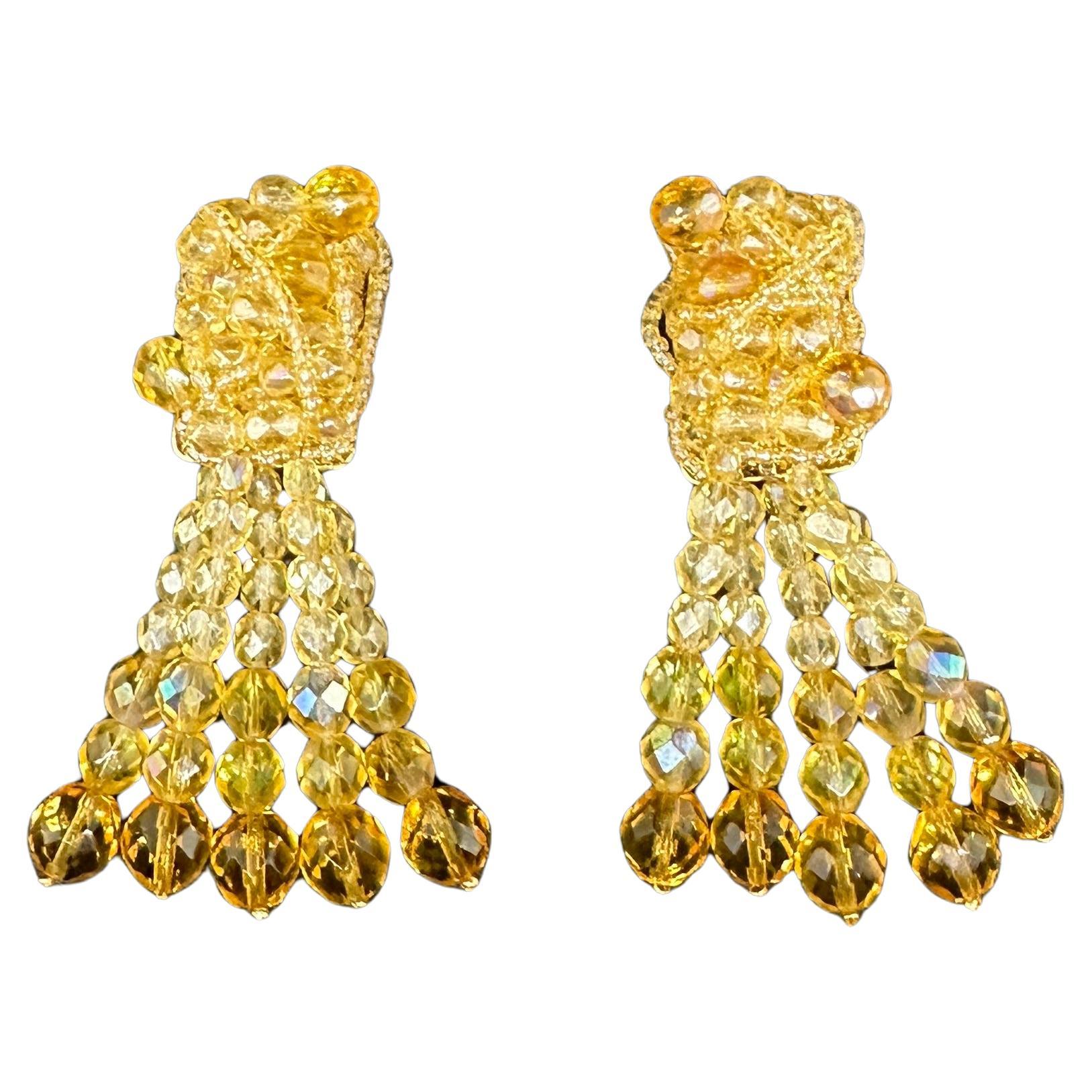 A Pair of Coppola e Toppo Golden Crystals Tassel Clip-on Long Earrings For Sale