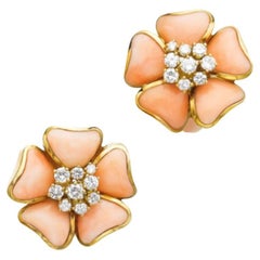 Swiss Blum Pair of Coral and Diamond Earclips - SHIPPING FROM HONG KONG