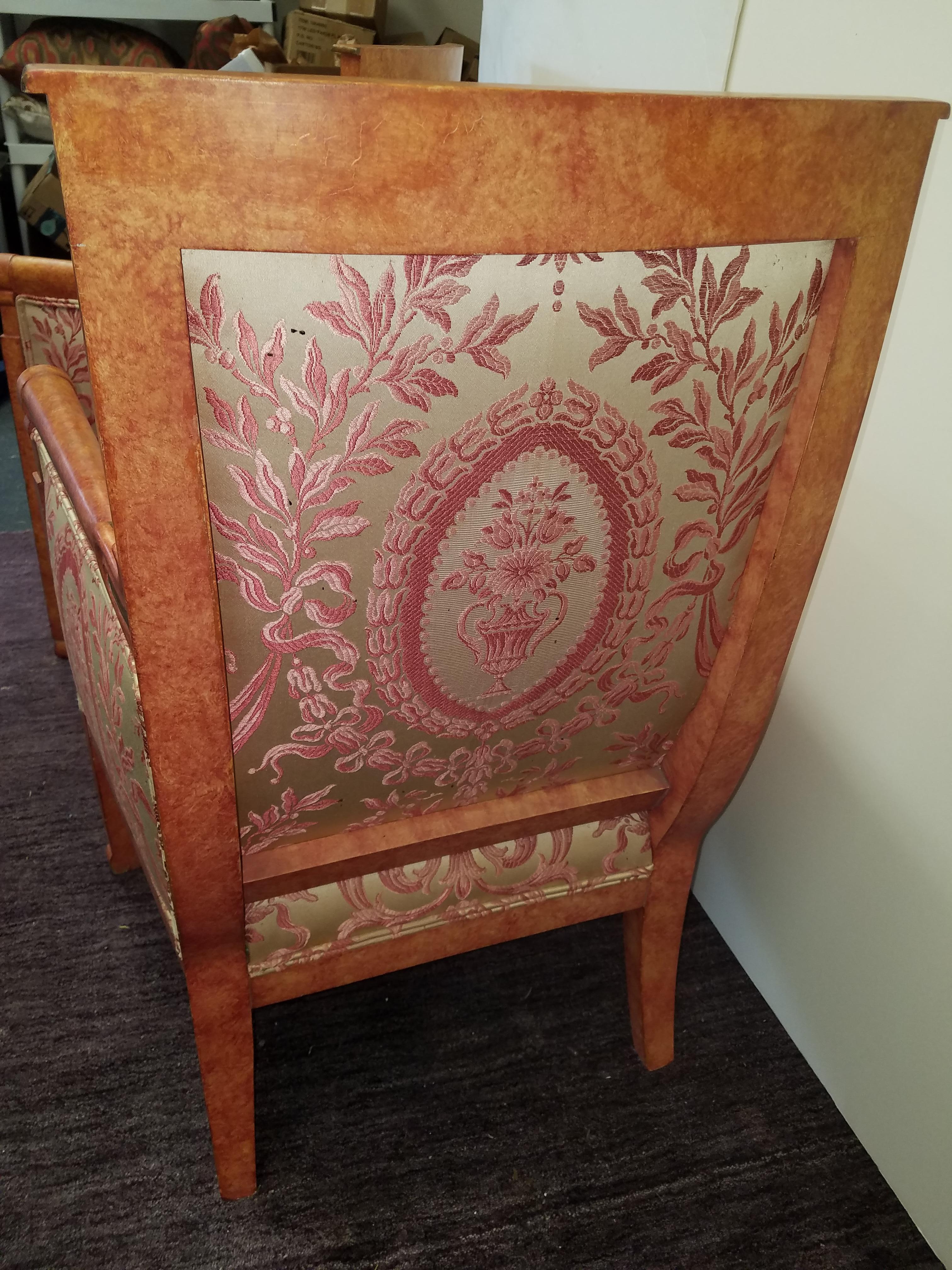 Pair of Coral Painted Empire Armchairs with Silk Upholstery In Excellent Condition In Lambertville, NJ