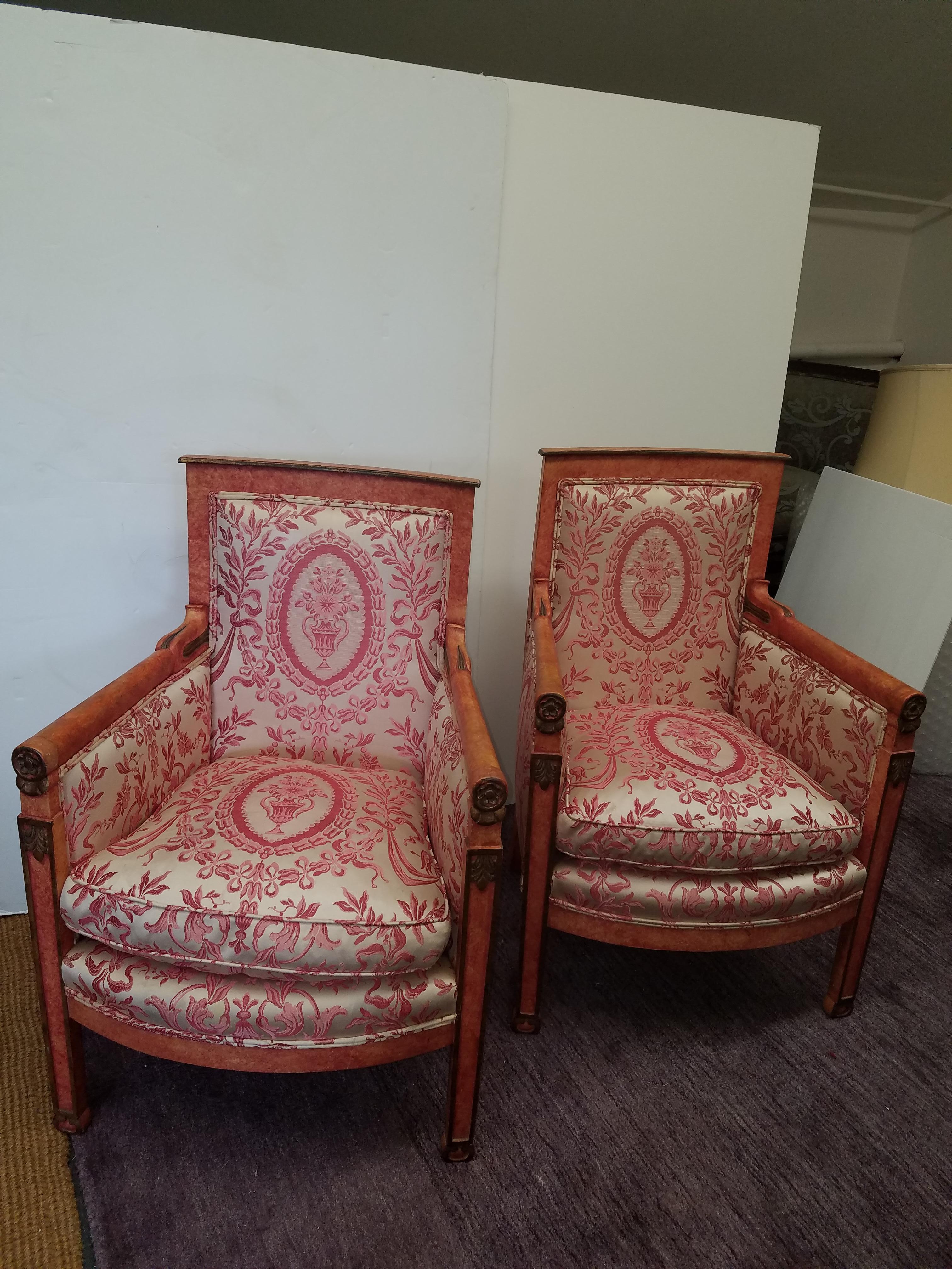 Early 20th Century Pair of Coral Painted Empire Armchairs with Silk Upholstery