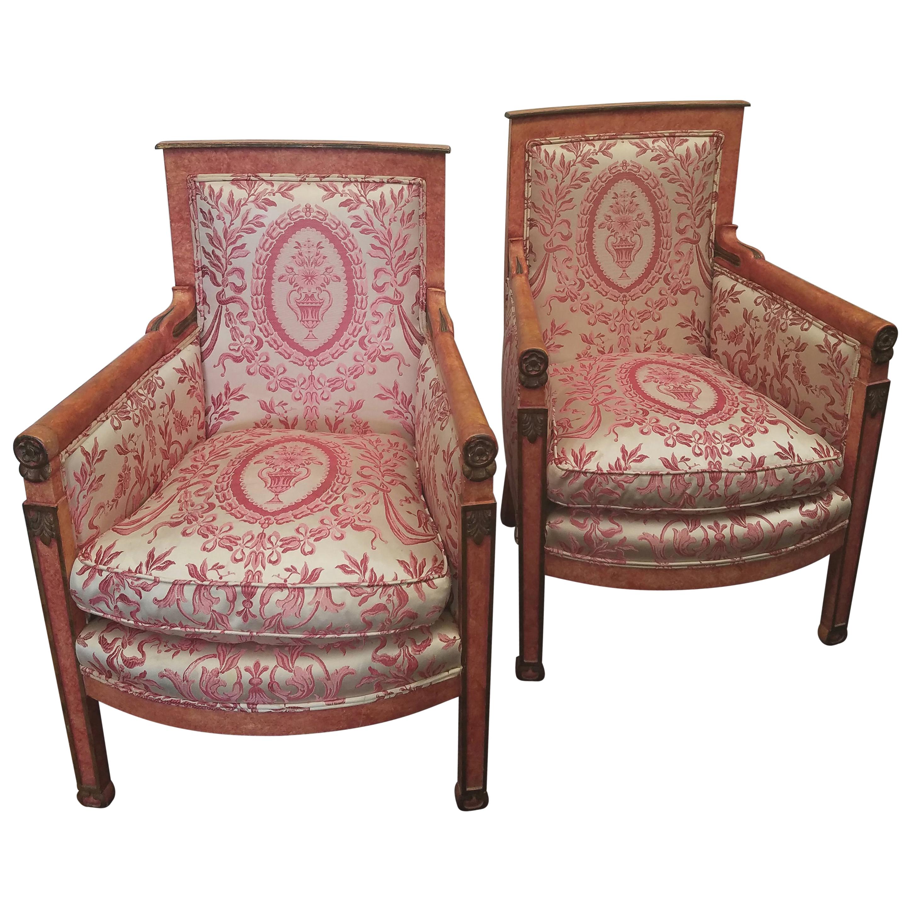Pair of Coral Painted Empire Armchairs with Silk Upholstery