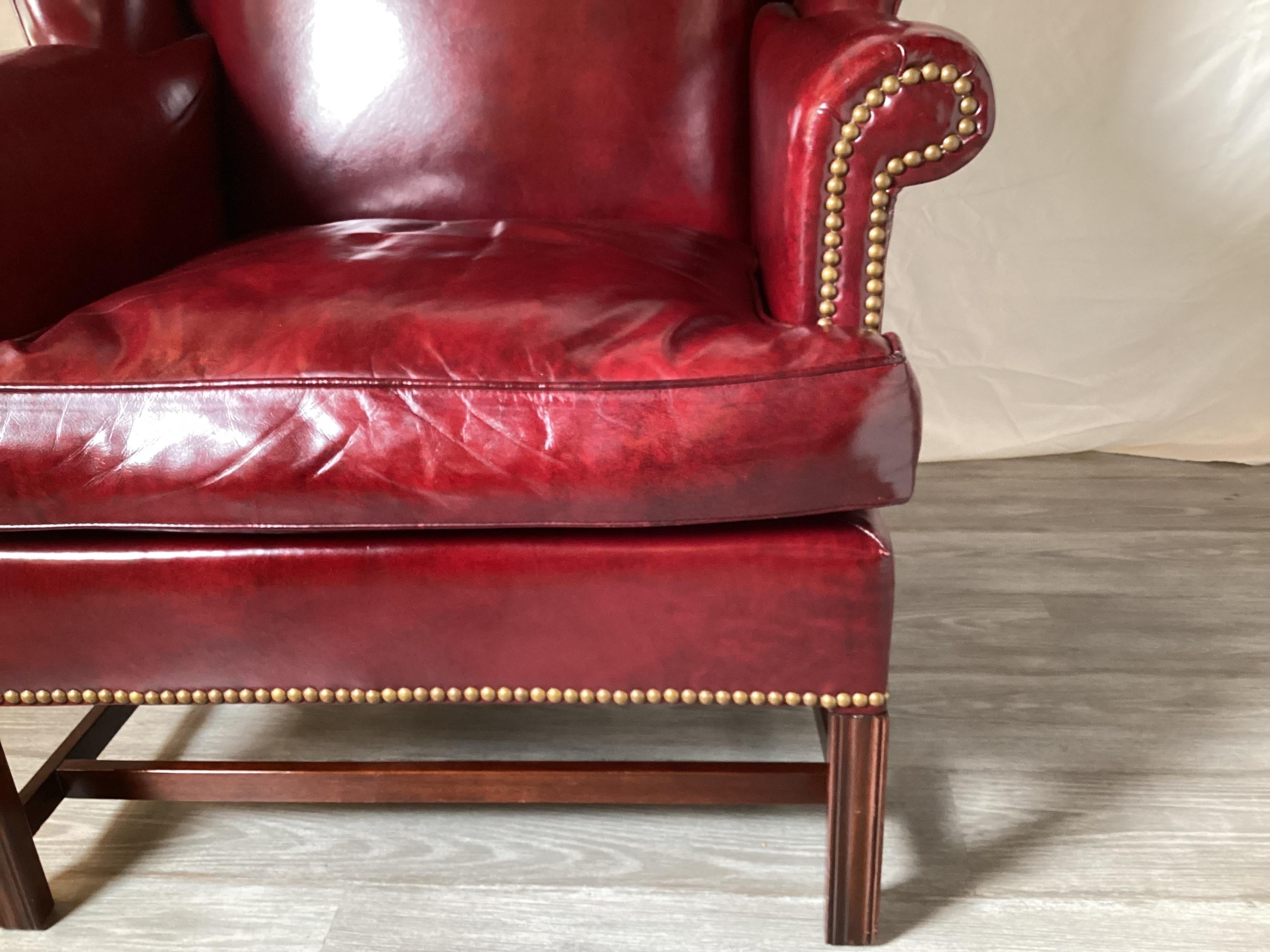 Pair of Cordovan Leather Devon Wing Chairs by Hickory Chair 4
