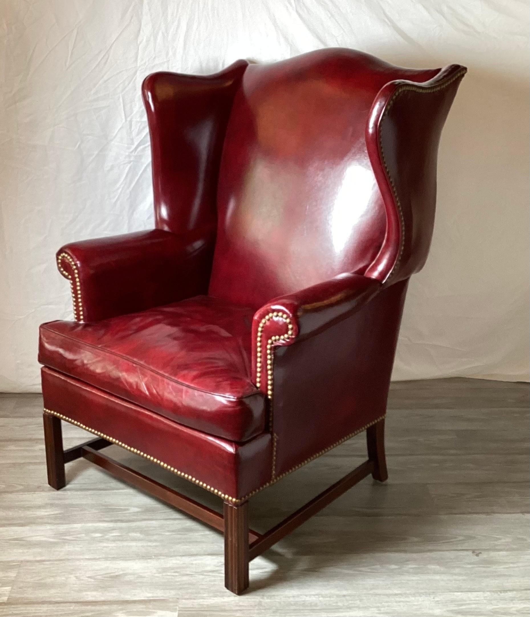 American Pair of Cordovan Leather Devon Wing Chairs by Hickory Chair