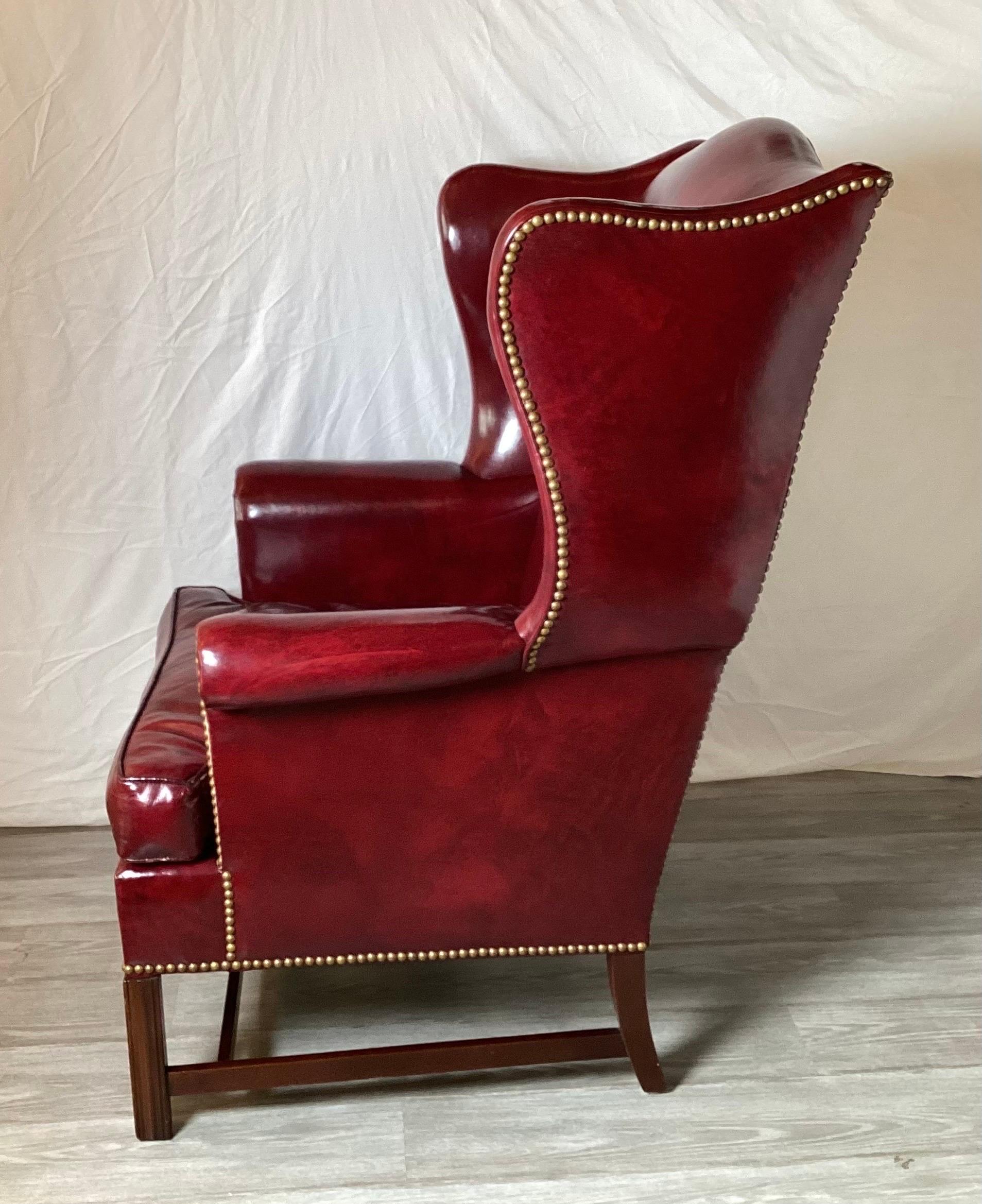 Pair of Cordovan Leather Devon Wing Chairs by Hickory Chair In Good Condition In Lambertville, NJ