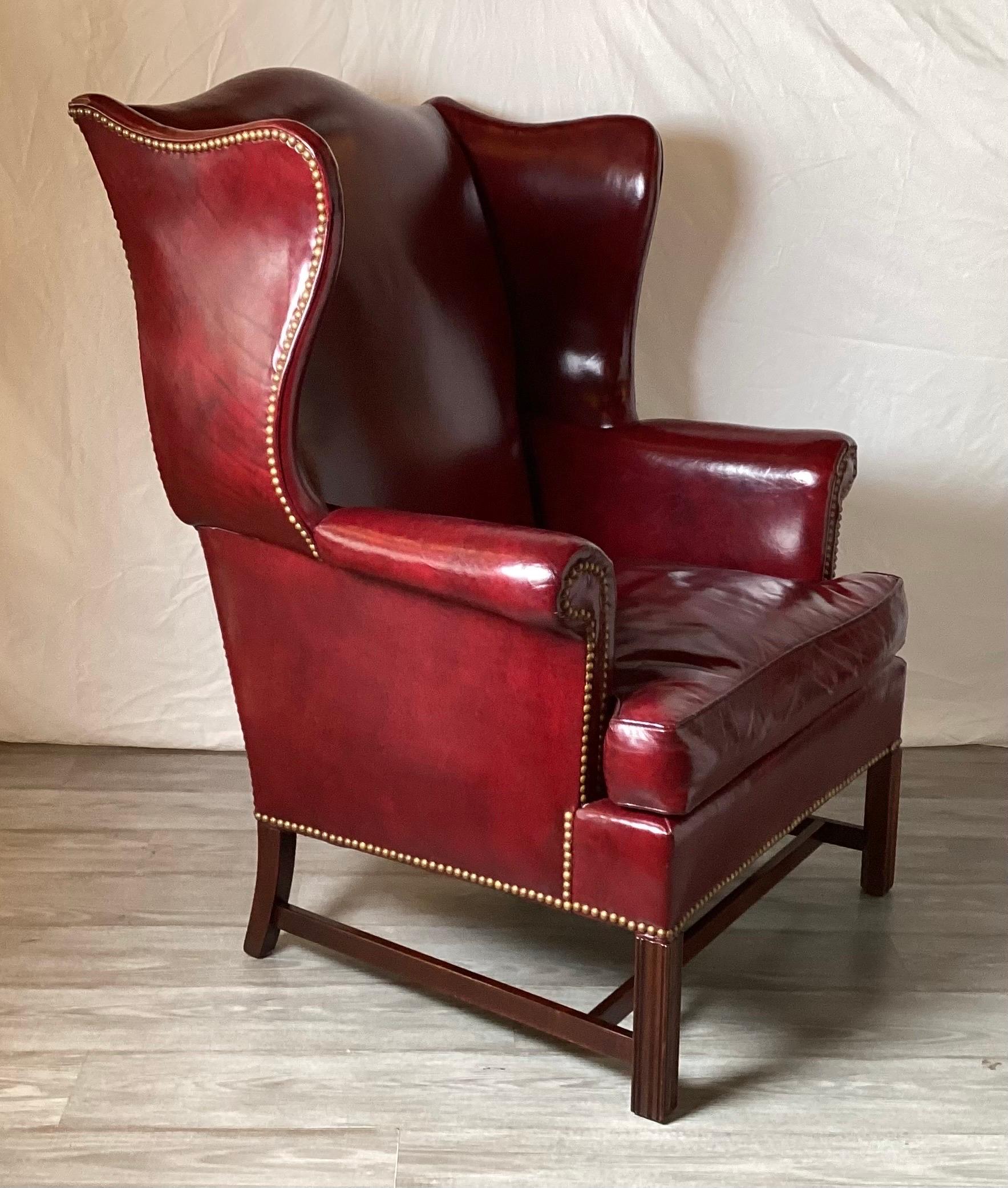Pair of Cordovan Leather Devon Wing Chairs by Hickory Chair 1