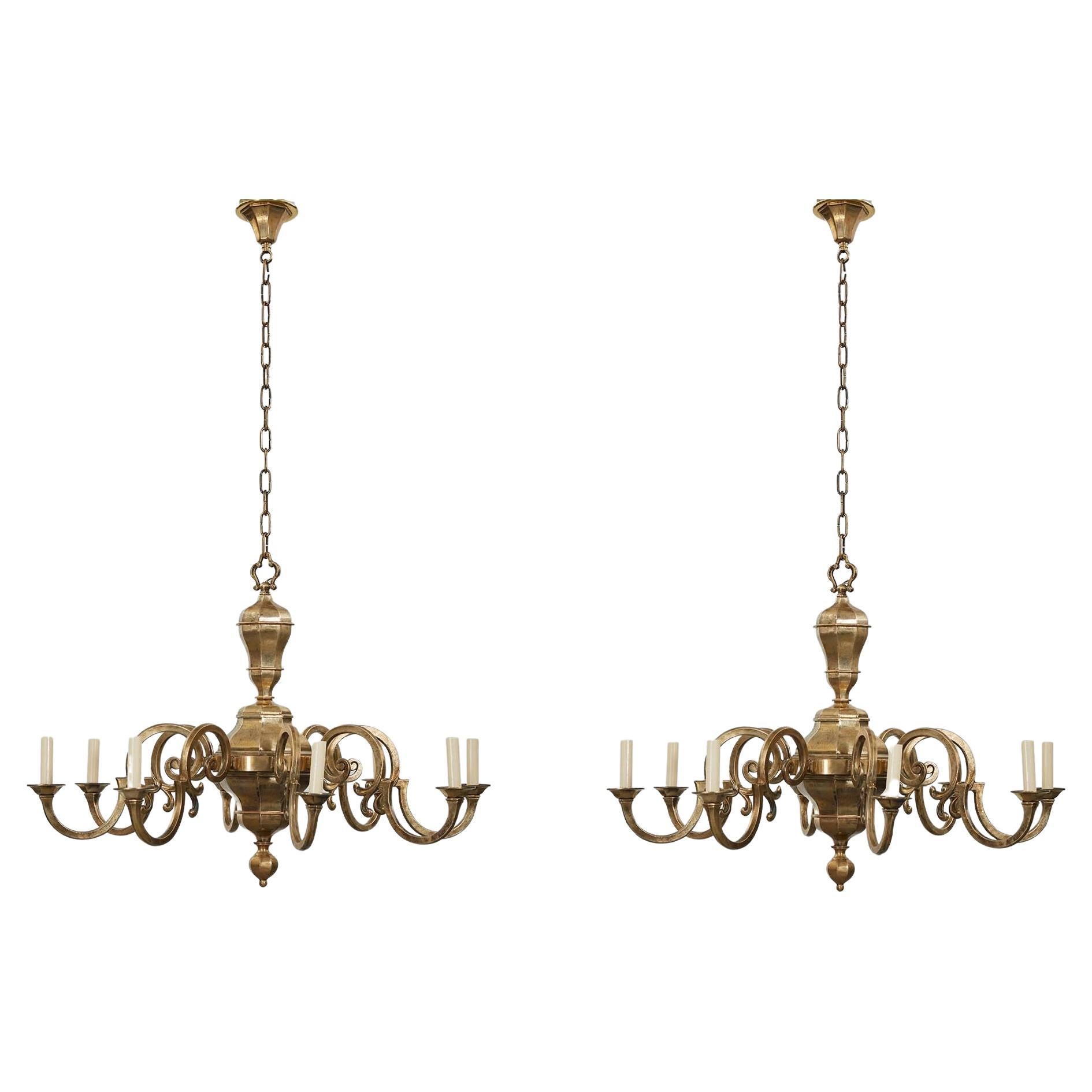 A Pair of Country House Brass Faceted Chandeliers For Sale