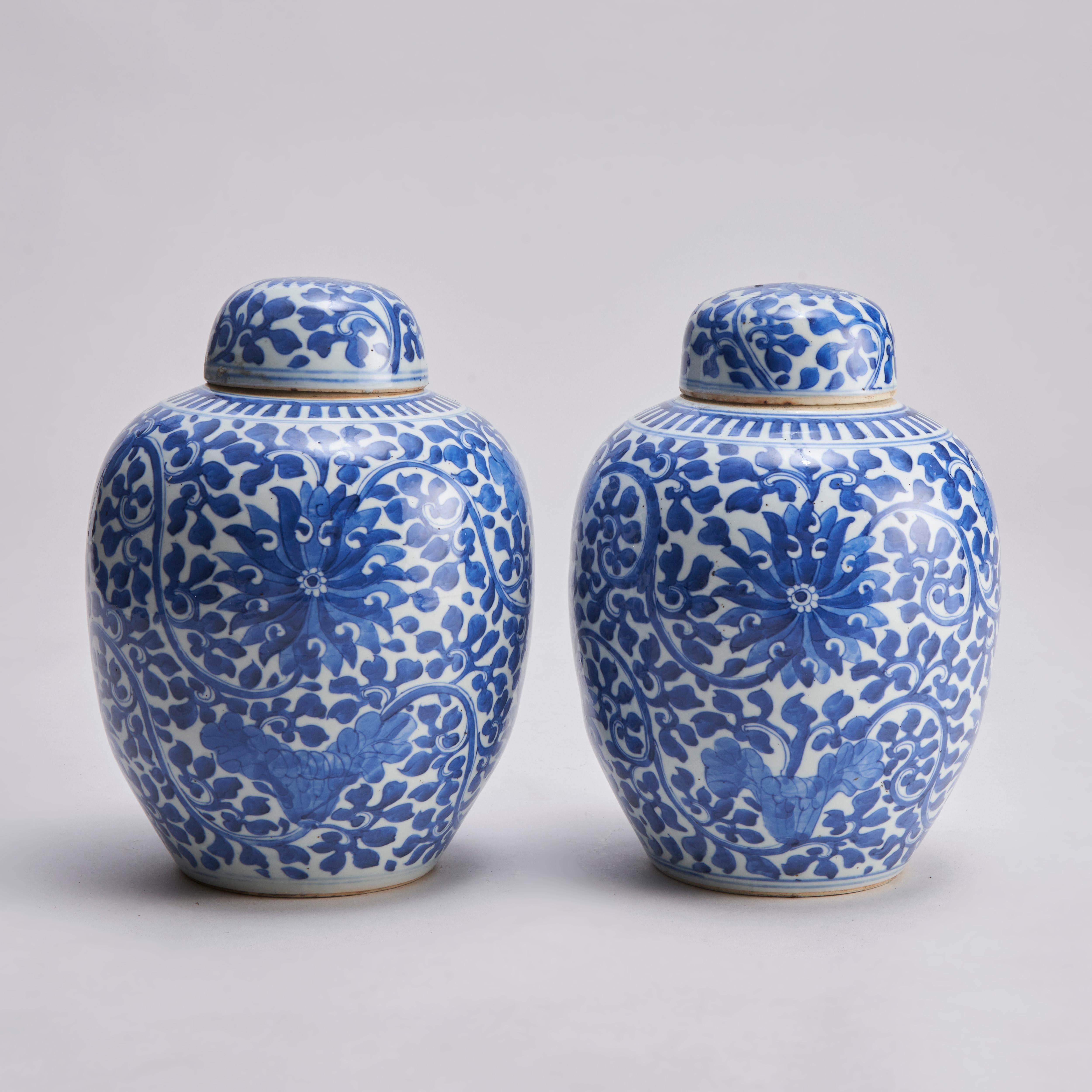 An elegant pair of 19th century Chinese blue and white ginger jars and covers. Decorated with an floral design depicting a climbing Clematus plant in bloom.

Contact us for further information or to arrange a viewing.