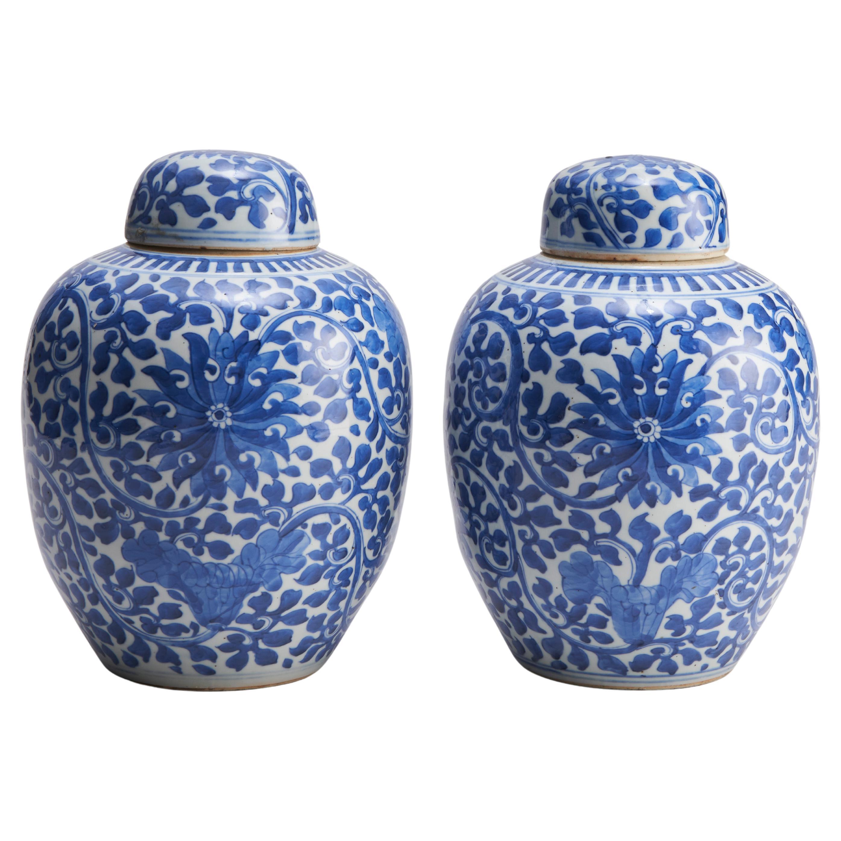 A pair of covered porcelain jars with blue and white decoration For Sale