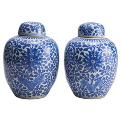 A pair of covered porcelain jars with blue and white decoration