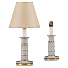 A Pair of Crackle Glaze Ceramic Candlestick Lamps With Gold Bands