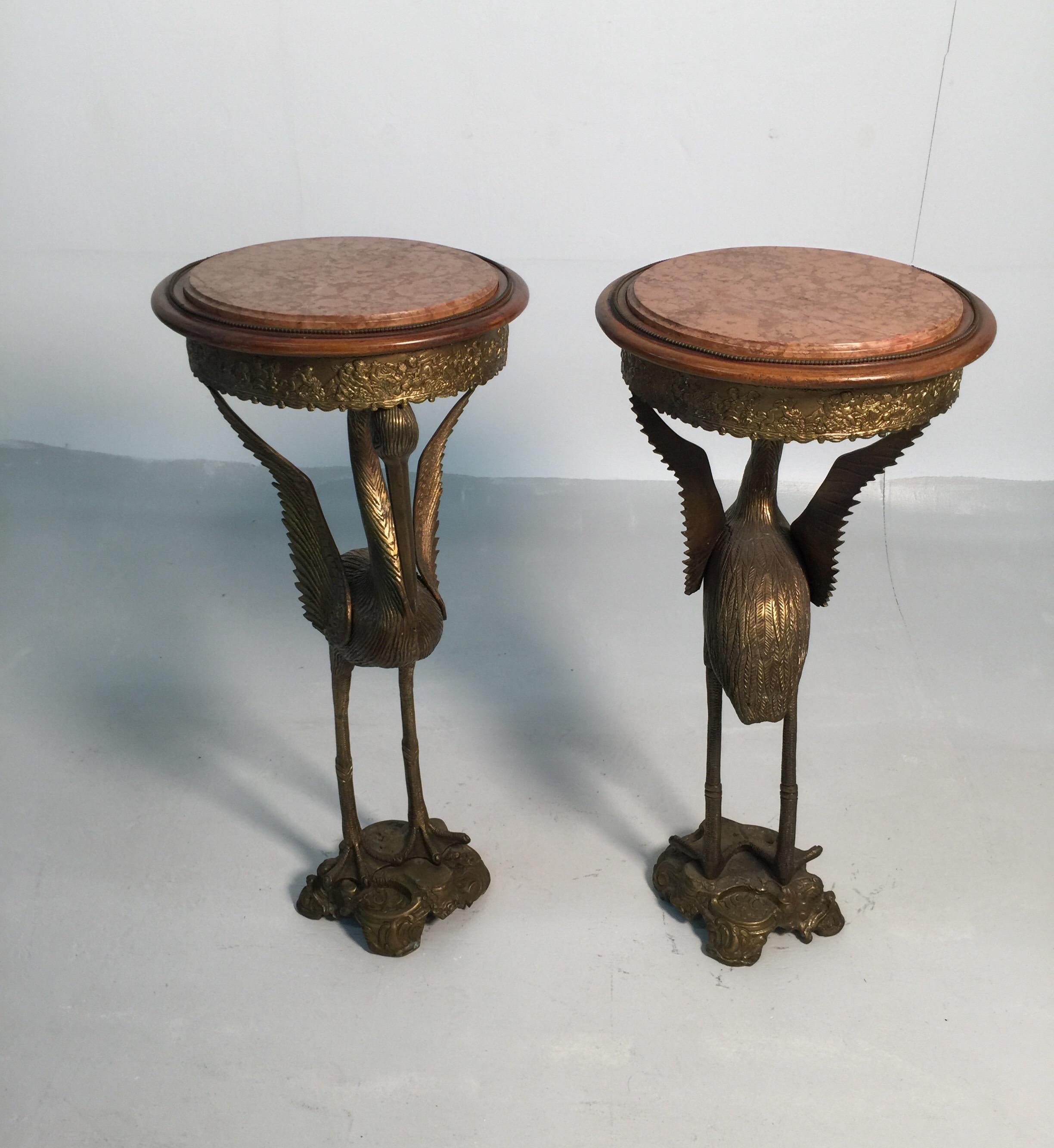 Pair of Crane Motif Burnished Bronze Pedestal Tables 10