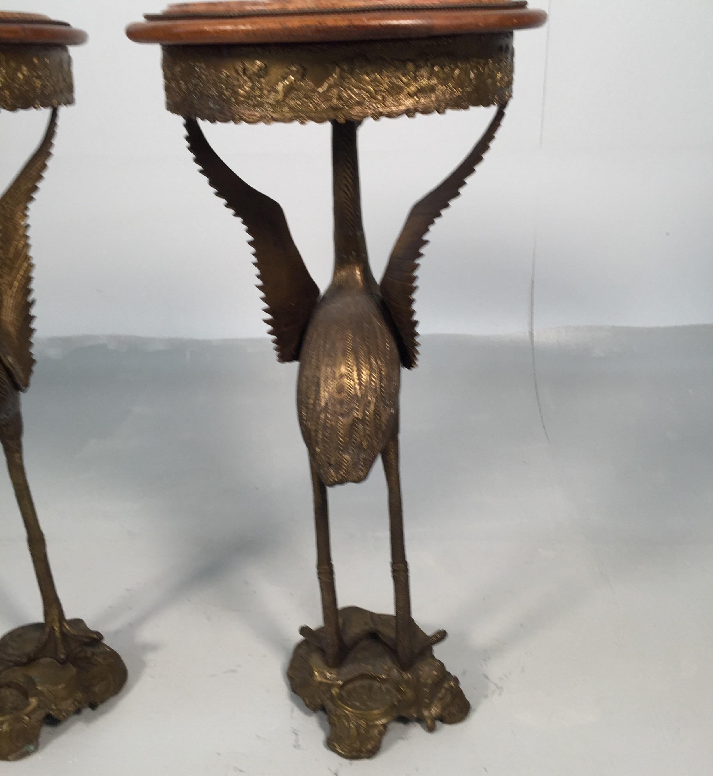 Aesthetic Movement Pair of Crane Motif Burnished Bronze Pedestal Tables