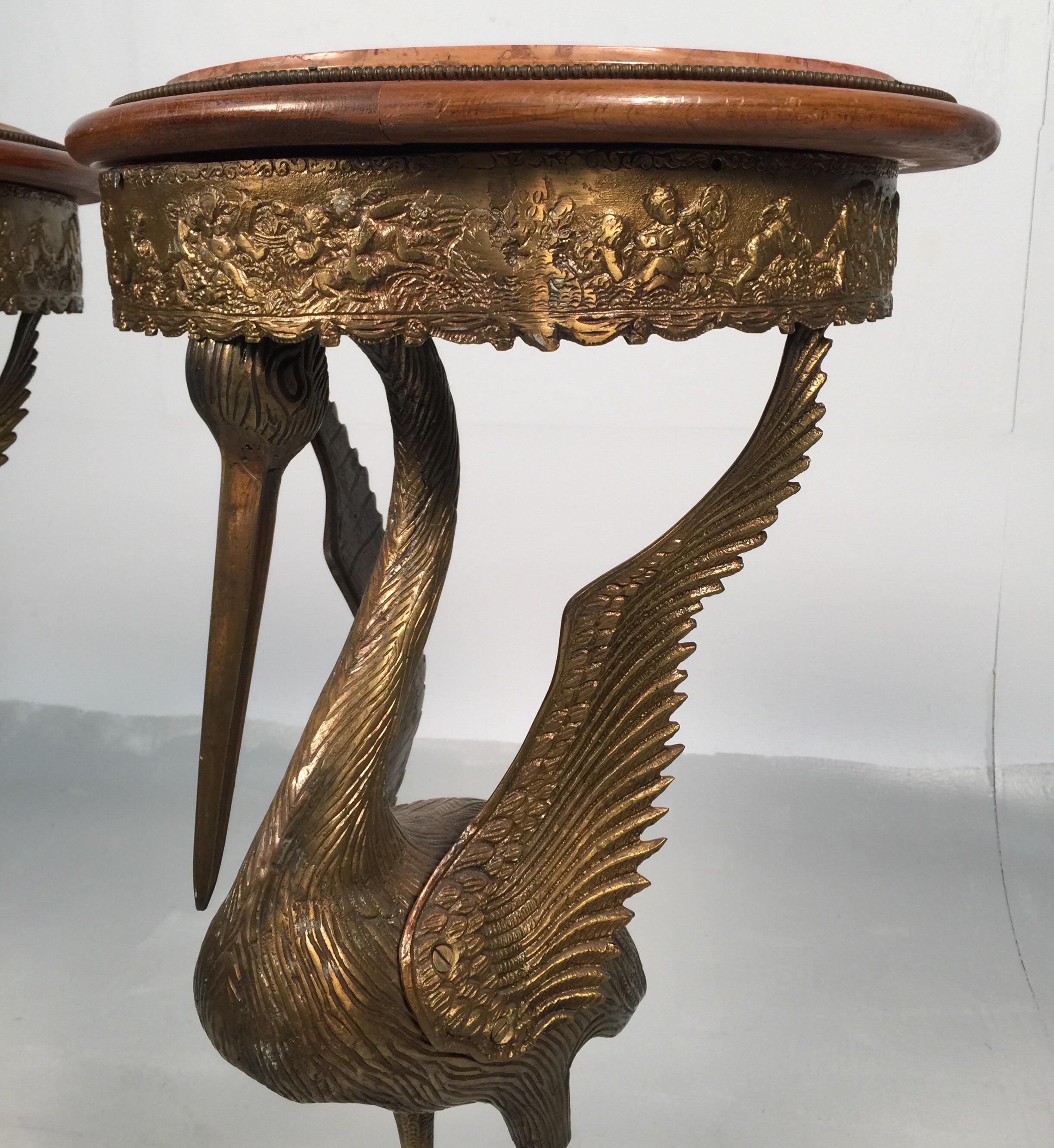 European Pair of Crane Motif Burnished Bronze Pedestal Tables