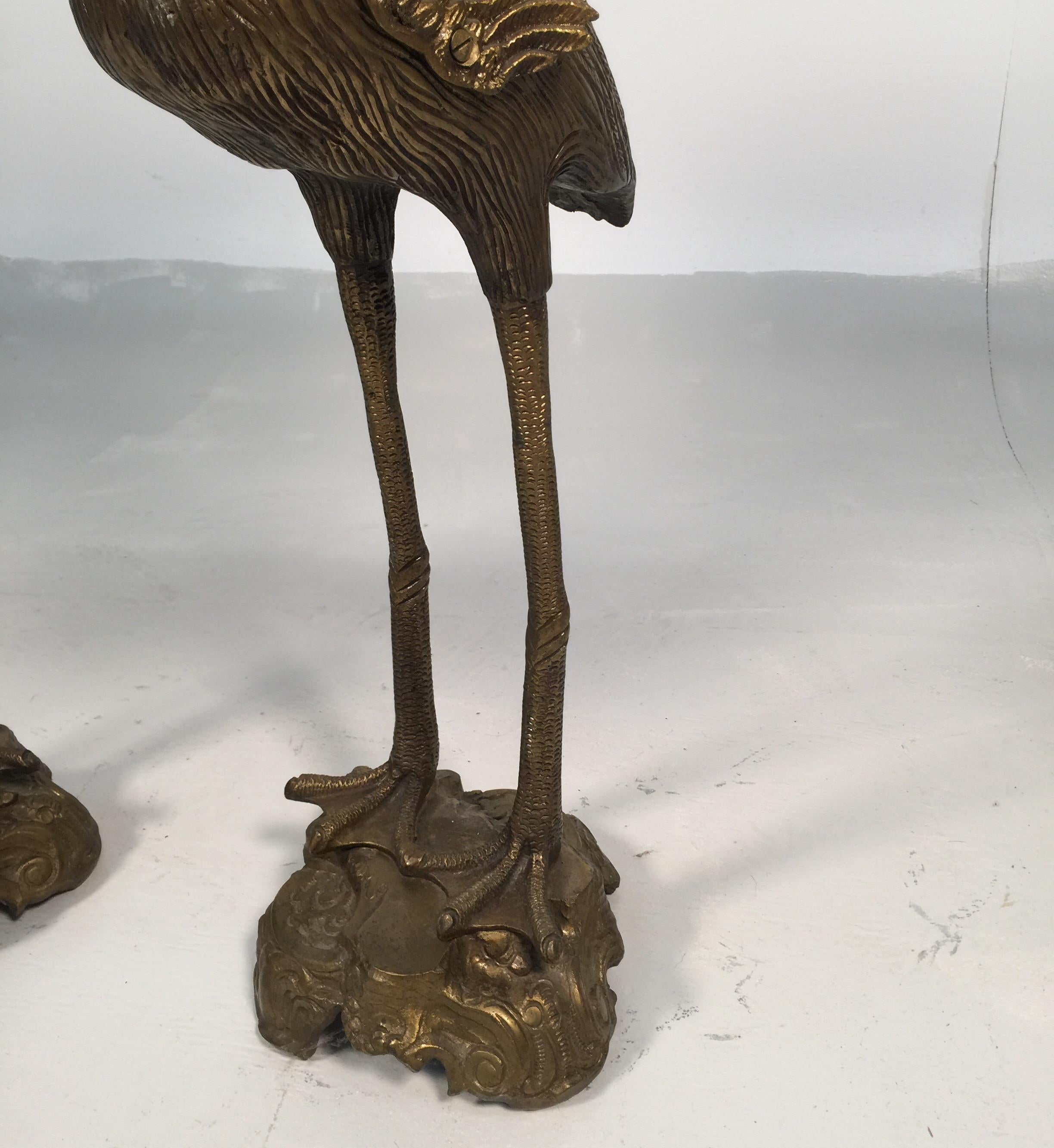 Pair of Crane Motif Burnished Bronze Pedestal Tables In Good Condition In Lambertville, NJ