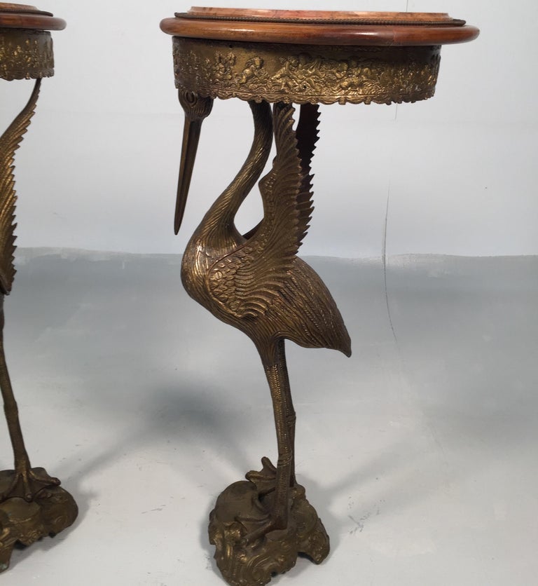 Pair of Crane Motif Burnished Bronze Pedestal Tables For Sale at 1stDibs