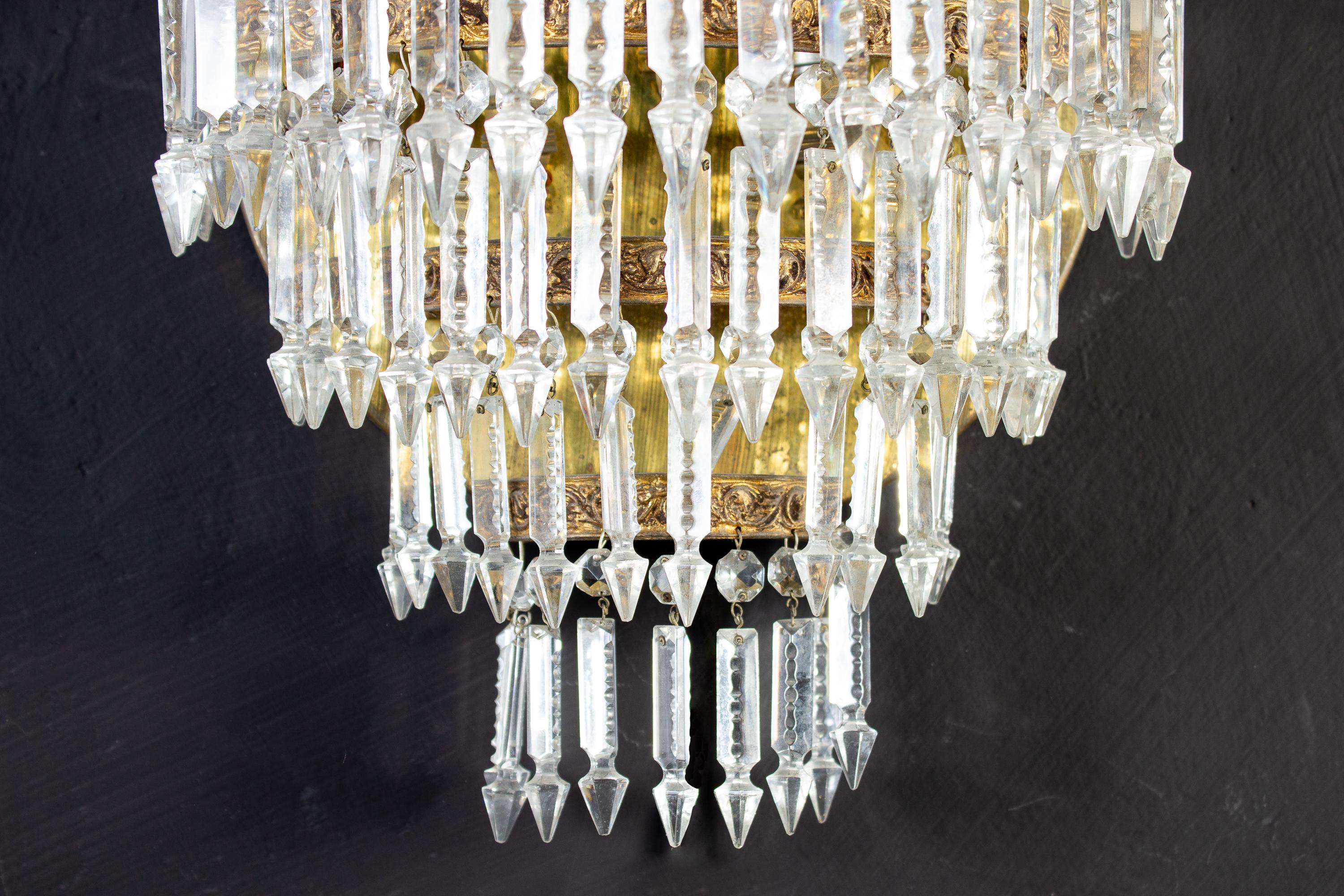 Pair of Crystal and Brass Scones or Wall Lights Italy, 1940 For Sale 3