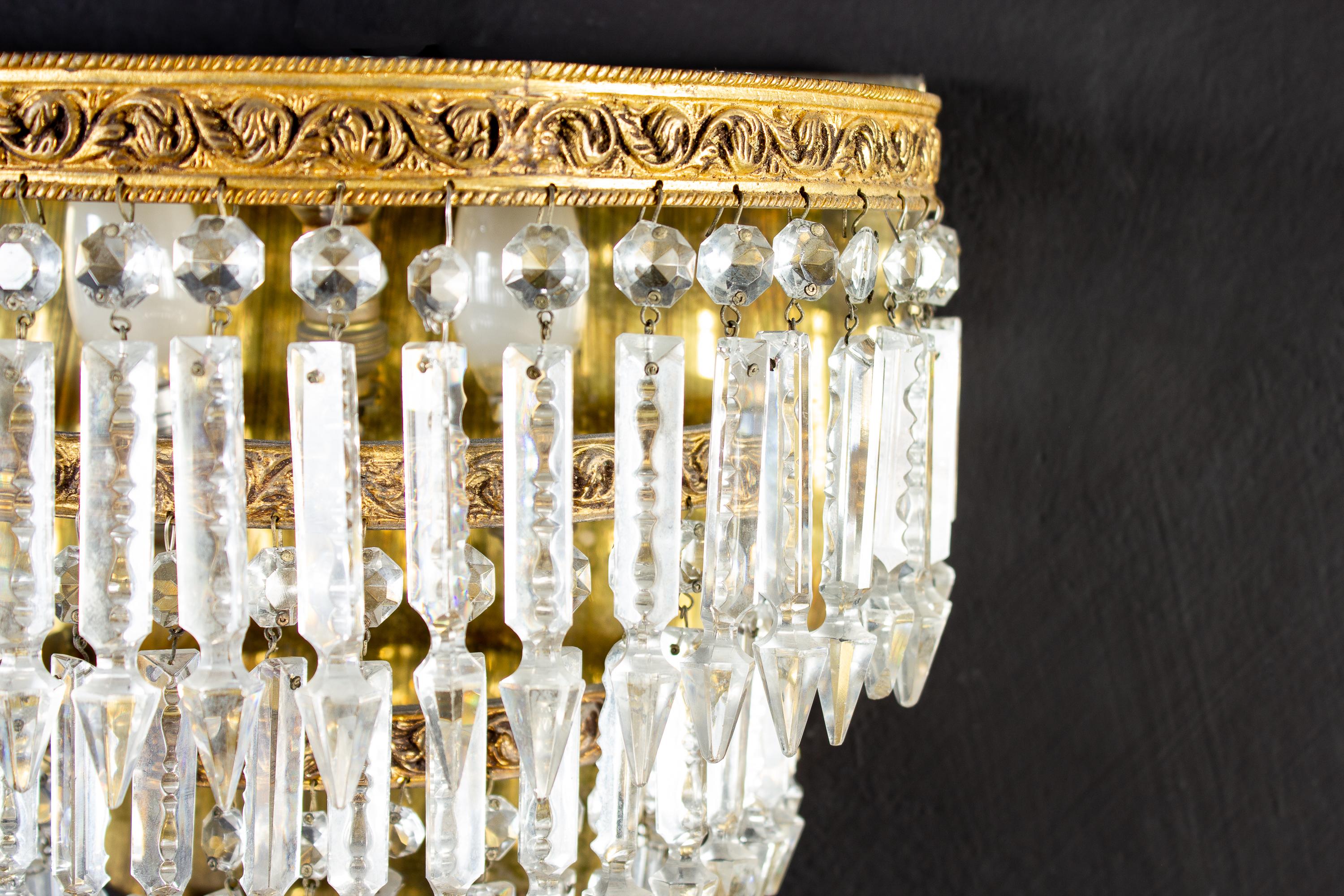 Pair of Crystal and Brass Scones or Wall Lights Italy, 1940 For Sale 4