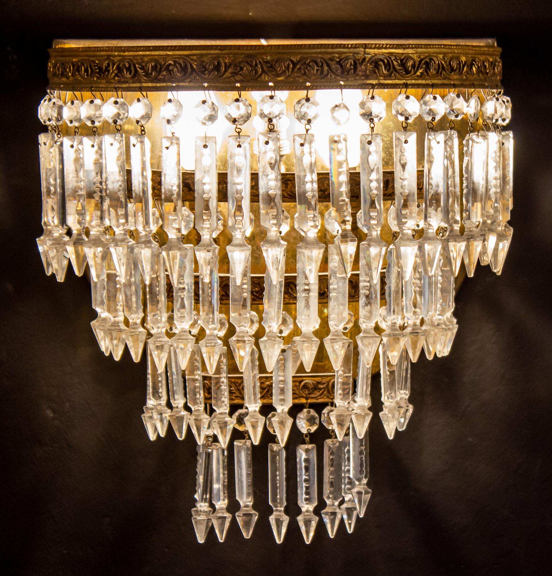 Italian Pair of Crystal and Brass Scones or Wall Lights Italy, 1940 For Sale