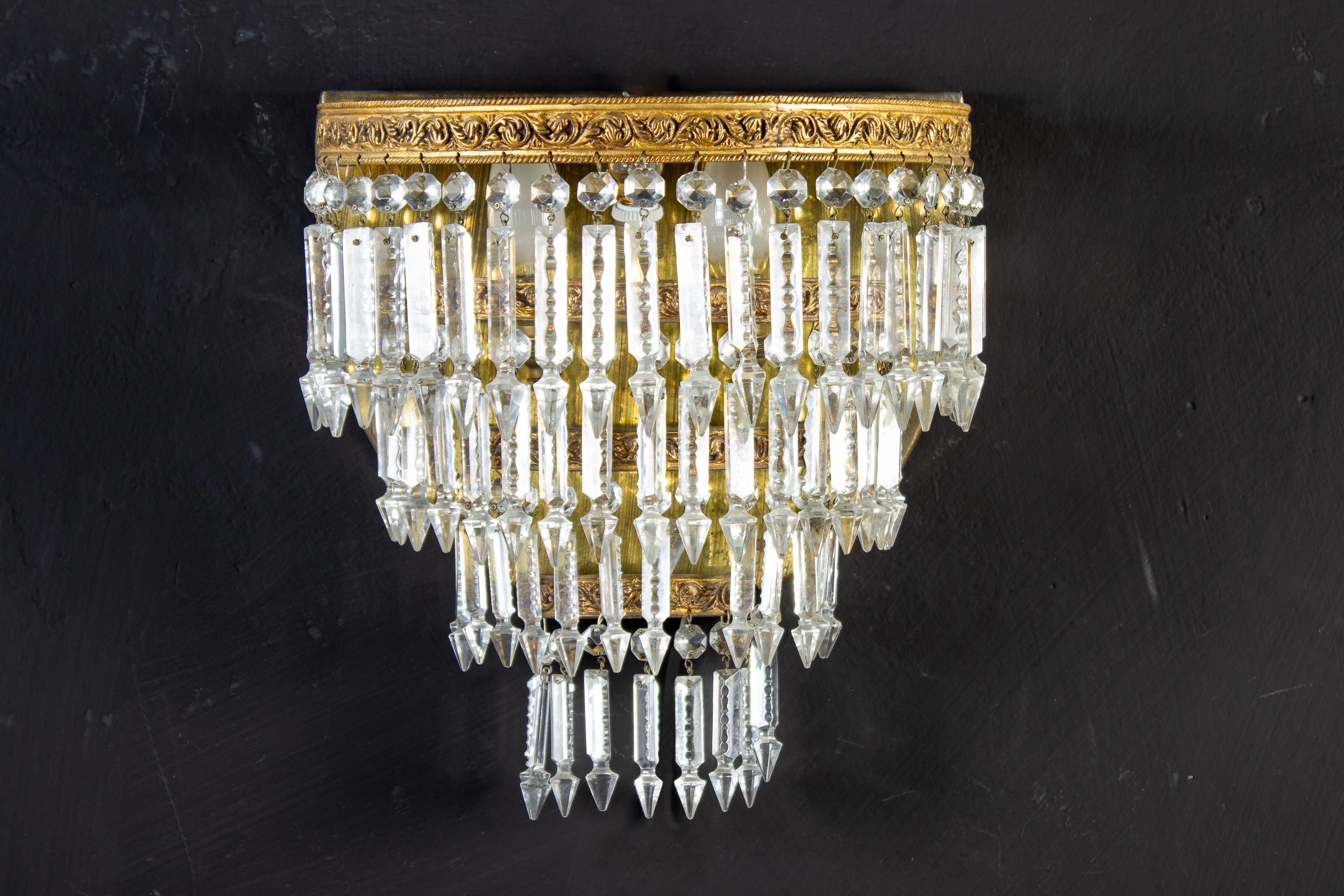 Porcelain Pair of Crystal and Brass Scones or Wall Lights Italy, 1940 For Sale