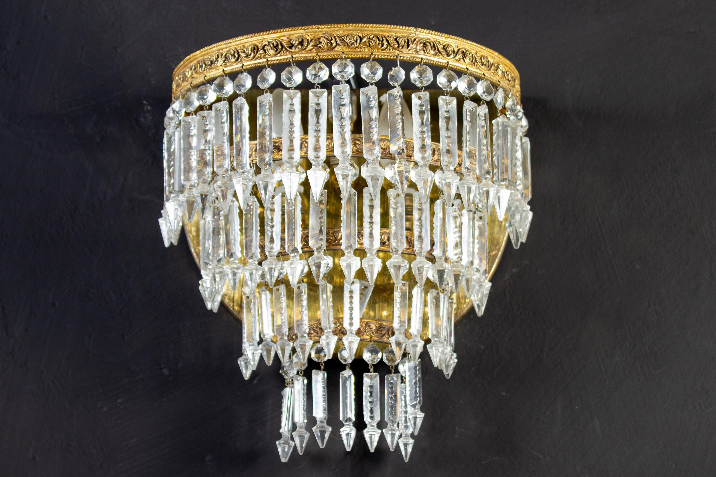 Pair of Crystal and Brass Scones or Wall Lights Italy, 1940 For Sale 1
