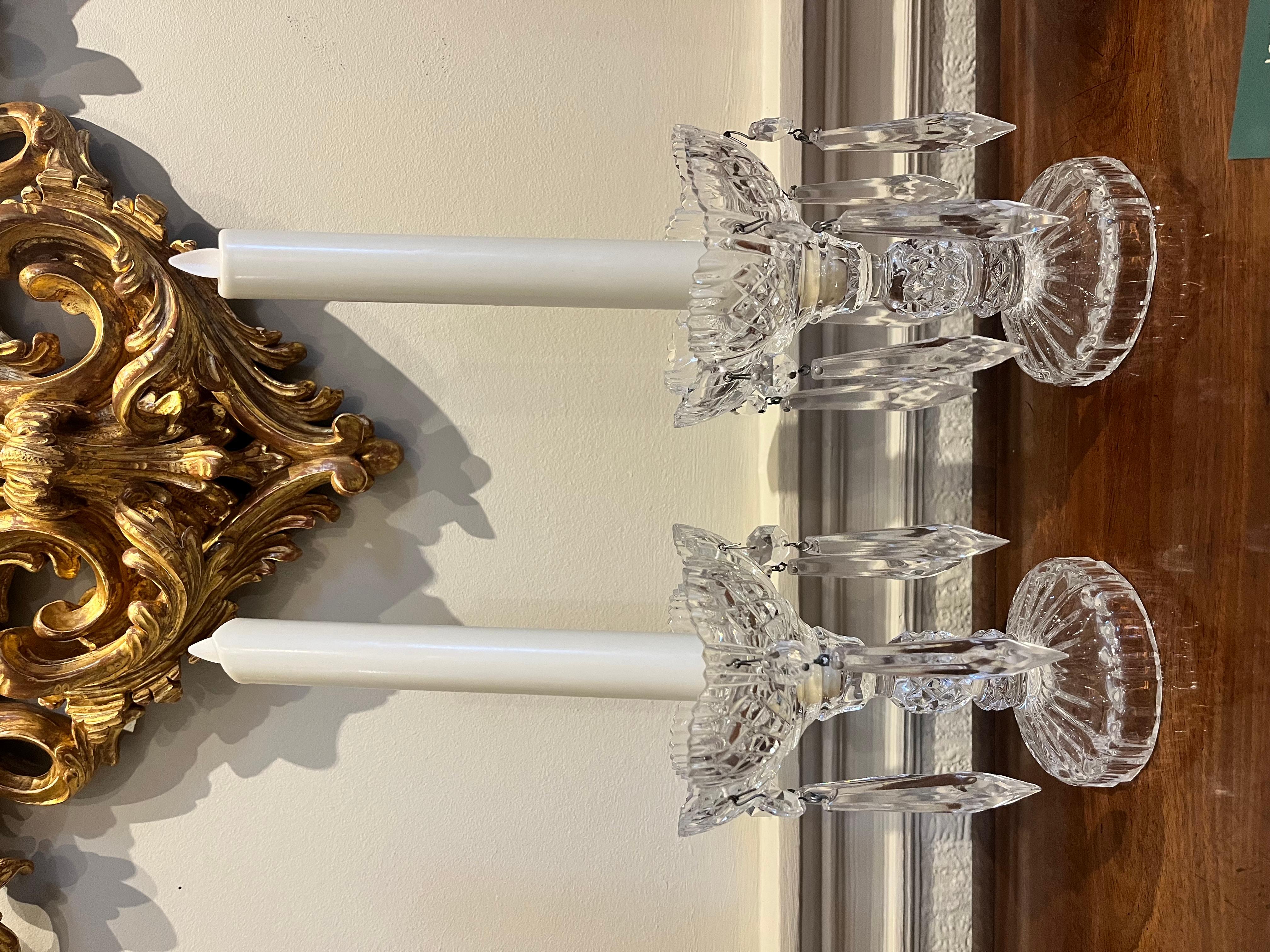 A pair of crystal cut candlestick lustres In Excellent Condition For Sale In Reepham, GB