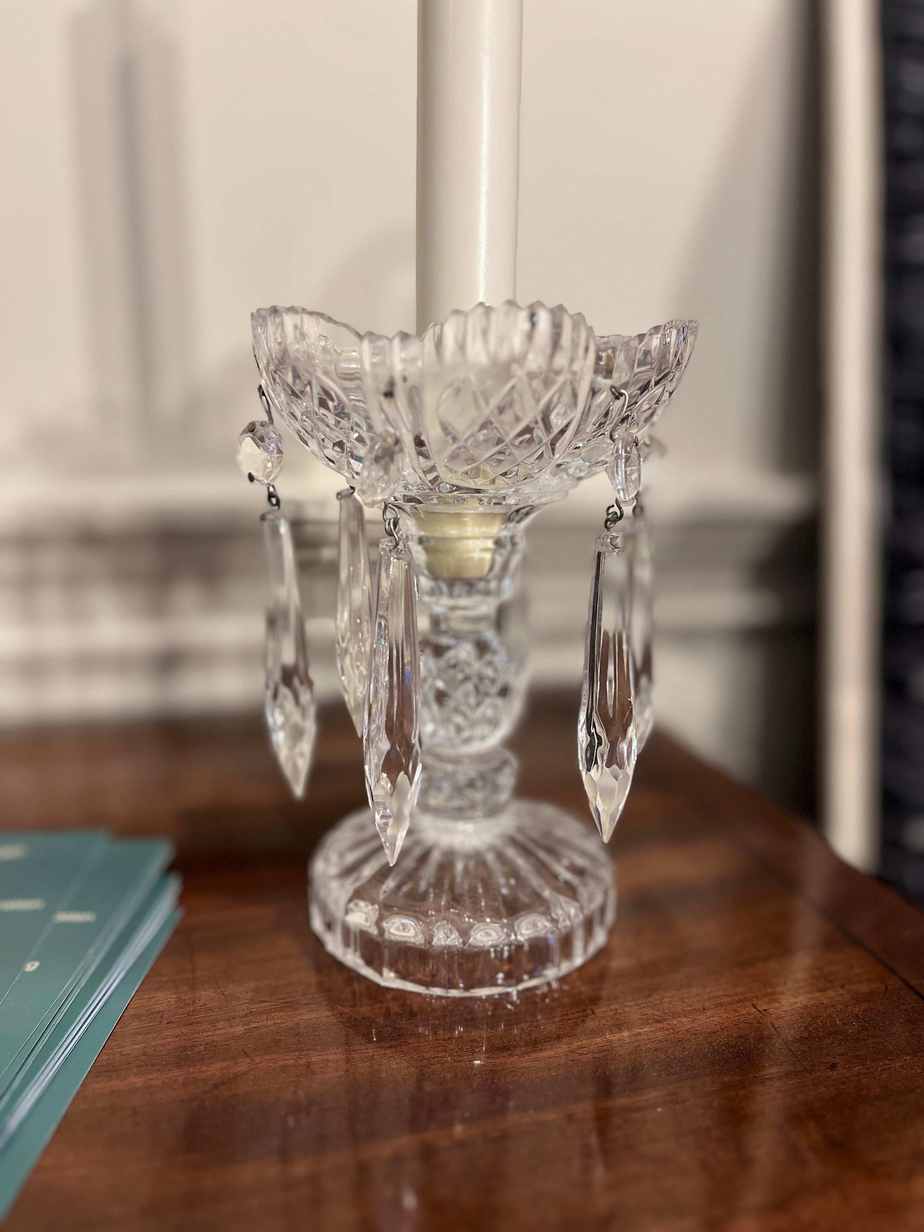 Crystal A pair of crystal cut candlestick lustres For Sale