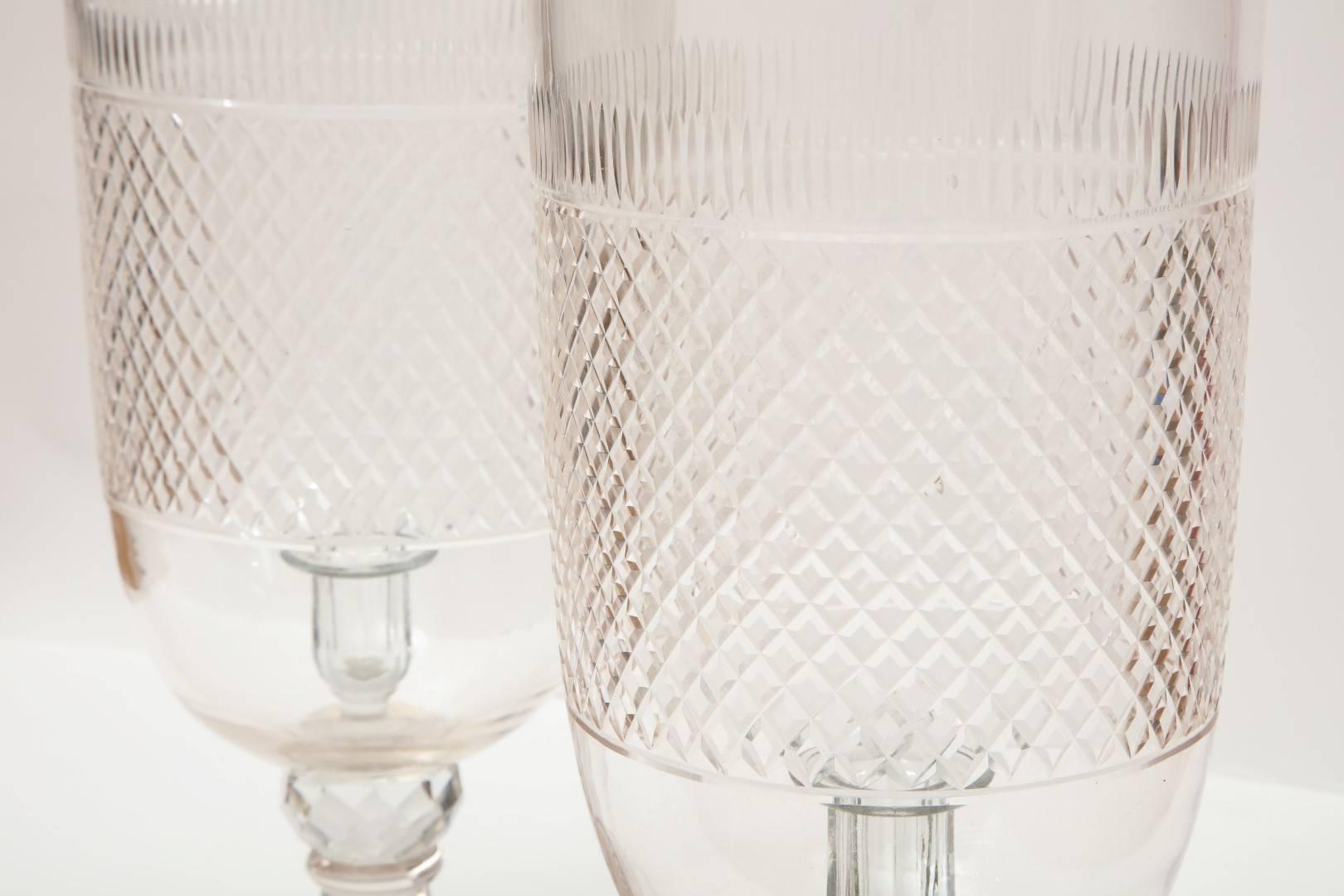 Pair of Crystal Diamond Cut Hurricane Votives In Excellent Condition In New York, NY
