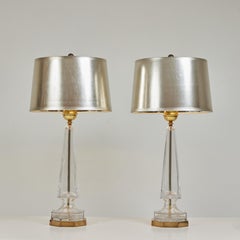 A Pair of Crystal Obelisk Lamps with Silver Leafed Shades, Chapman Lamps 1976