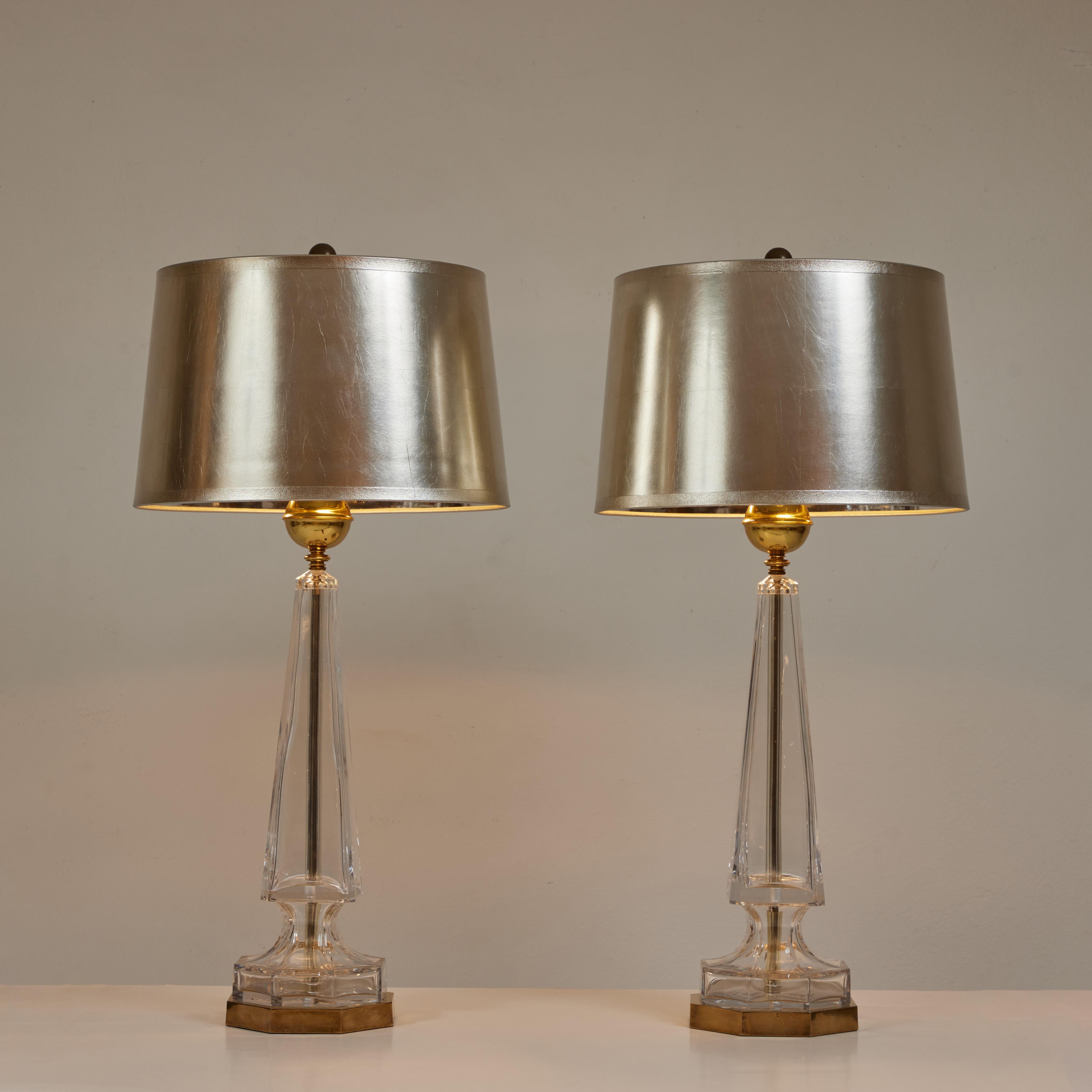 Hollywood Regency A Pair of Crystal Obelisk Lamps with Silver Leafed Shades, Chapman Lamps 1976 For Sale