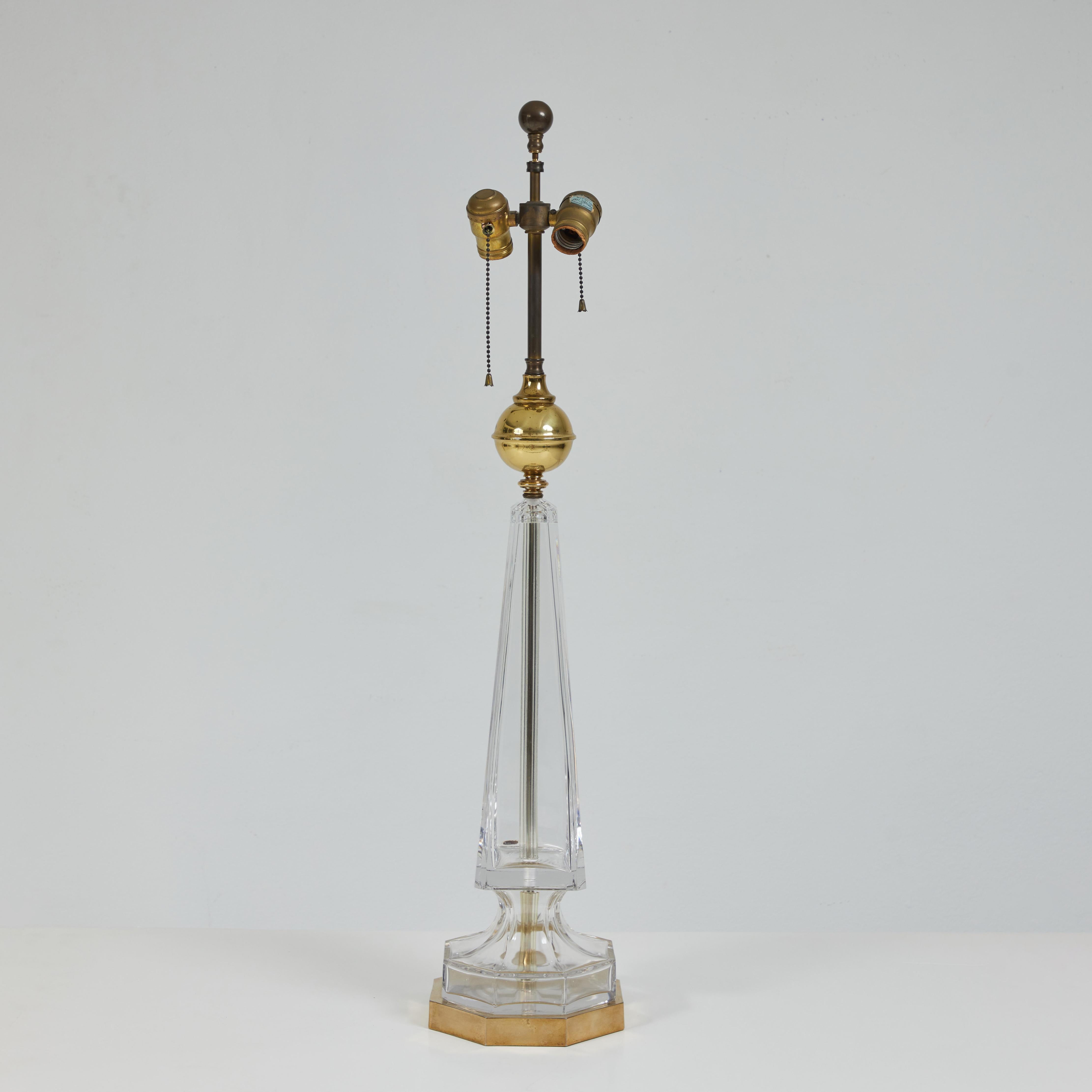 Molded A Pair of Crystal Obelisk Lamps with Silver Leafed Shades, Chapman Lamps 1976