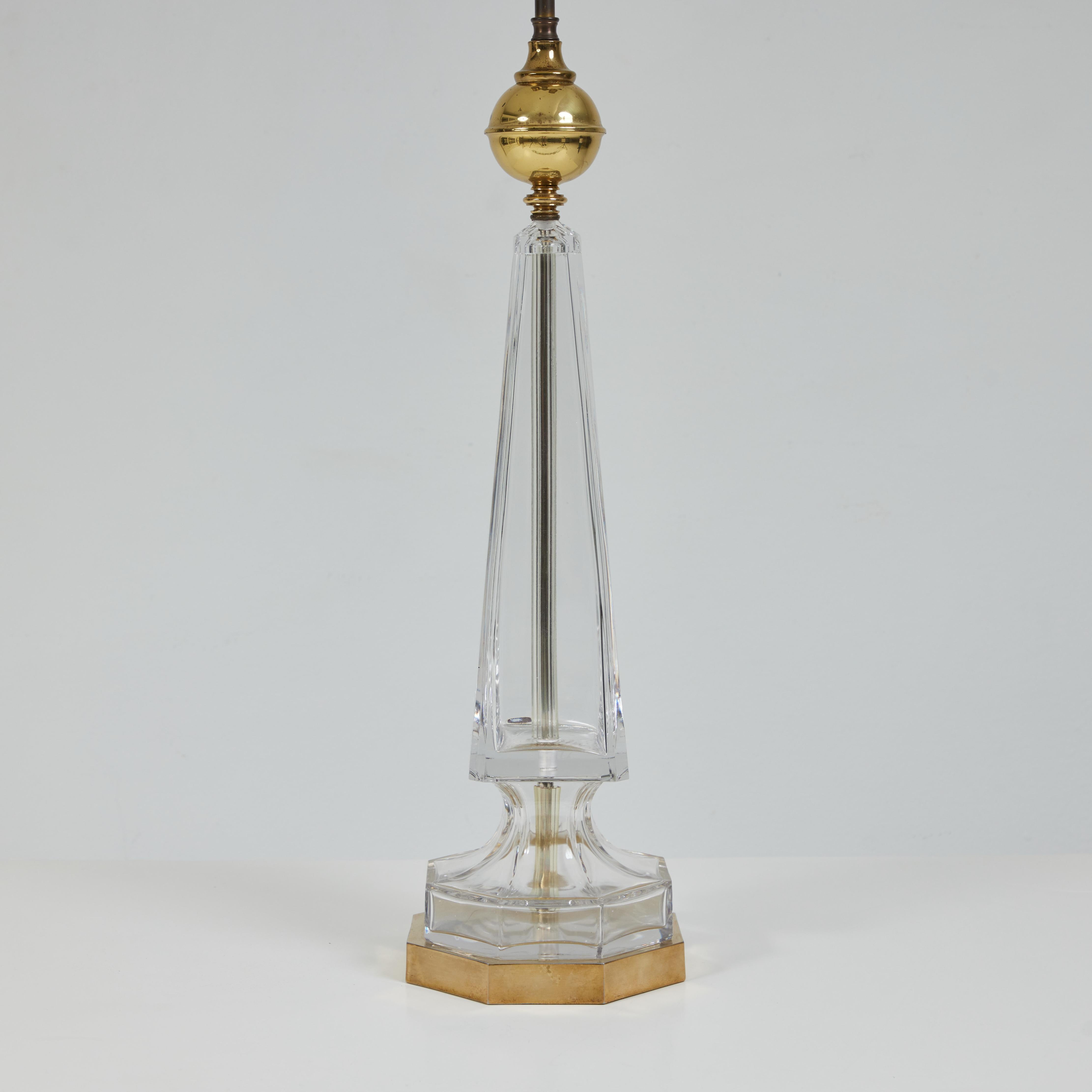 Brass A Pair of Crystal Obelisk Lamps with Silver Leafed Shades, Chapman Lamps 1976 For Sale